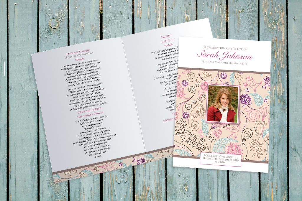 The Birds & Flowers Funeral Order of Service design is exclusively available from Fitting Farewell.