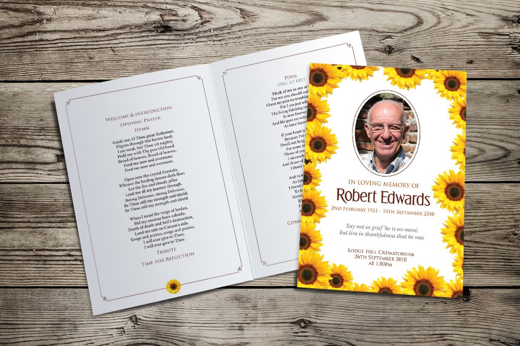 sunflowers funeral order of service thank you card for funeral
