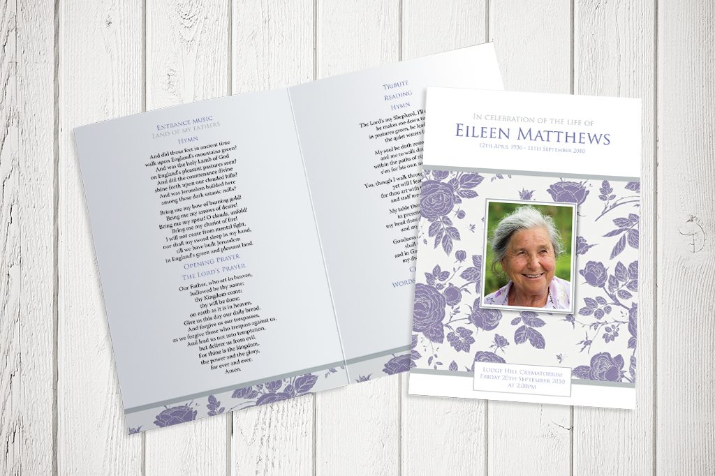 The Layout Option 1 Funeral Order of Service design is exclusively available from Fitting Farewell.
