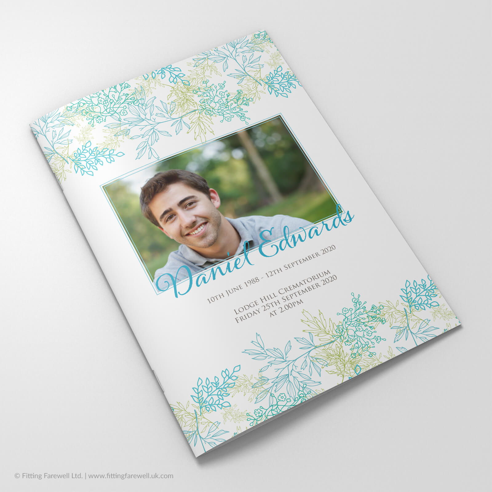 The Blue Leaves Funeral Order of Service design is exclusively available from Fitting Farewell.