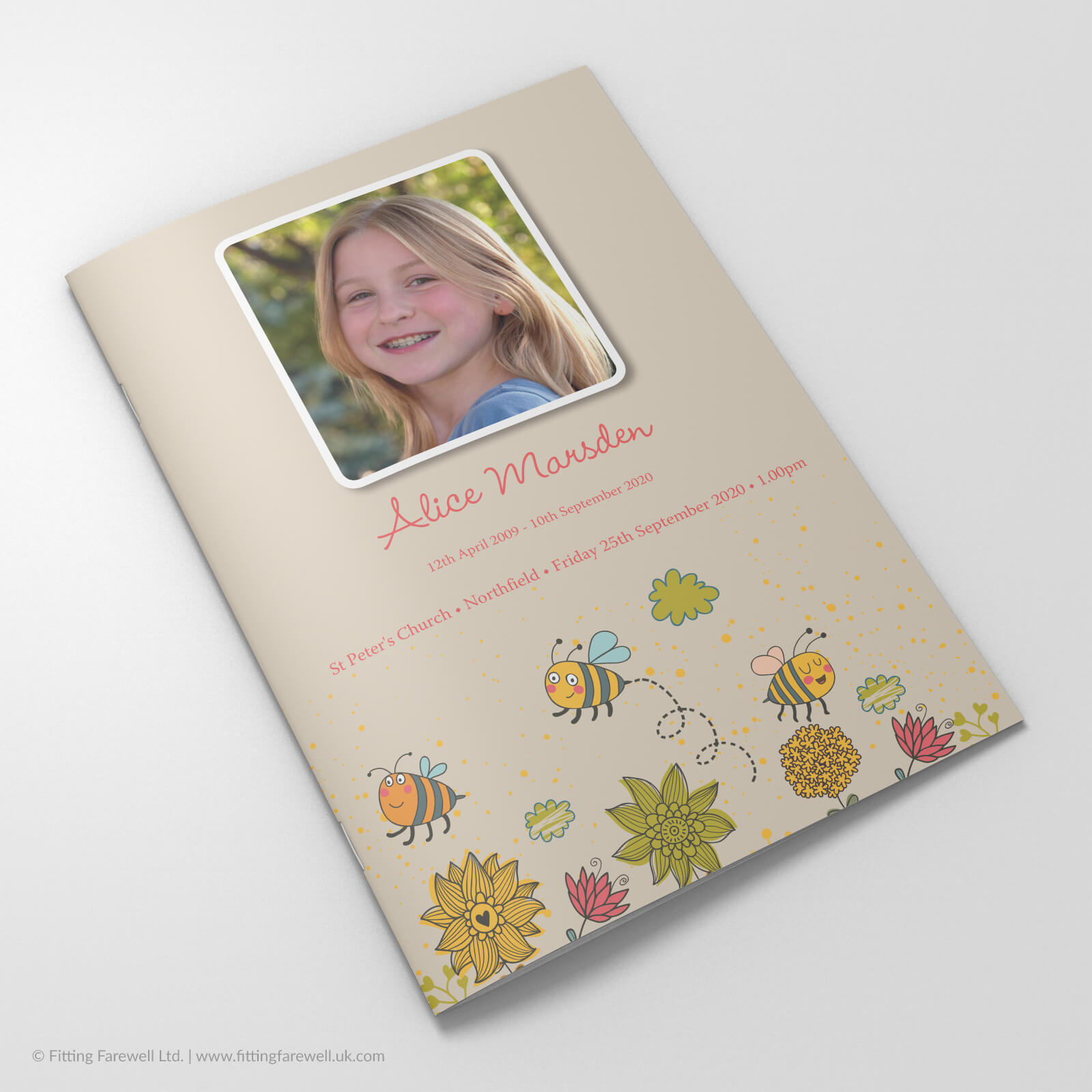 The Bumble Bee Funeral Order of Service design is exclusively available from Fitting Farewell.