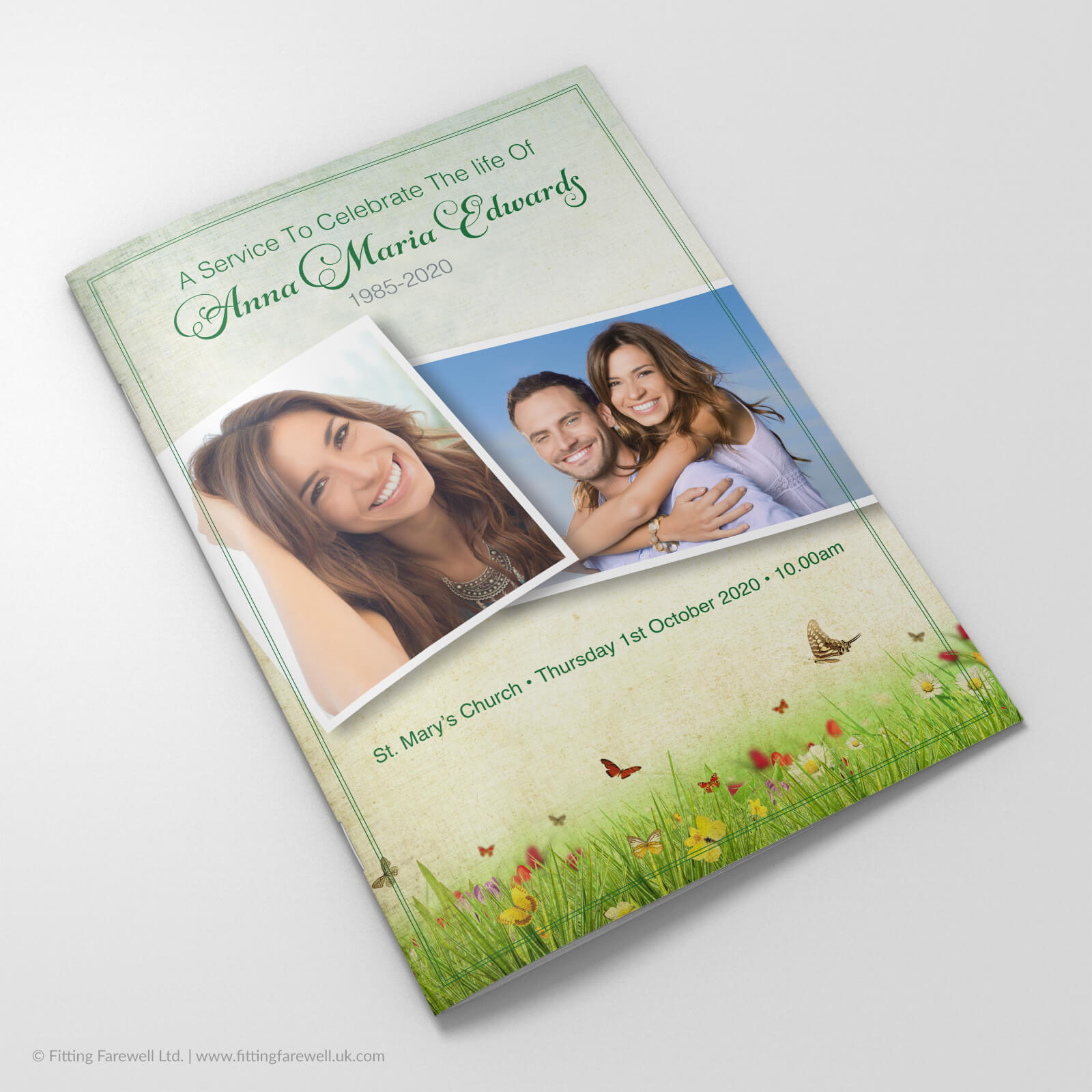The Butterfly Meadow Funeral Order of Service design is exclusively available from Fitting Farewell.
