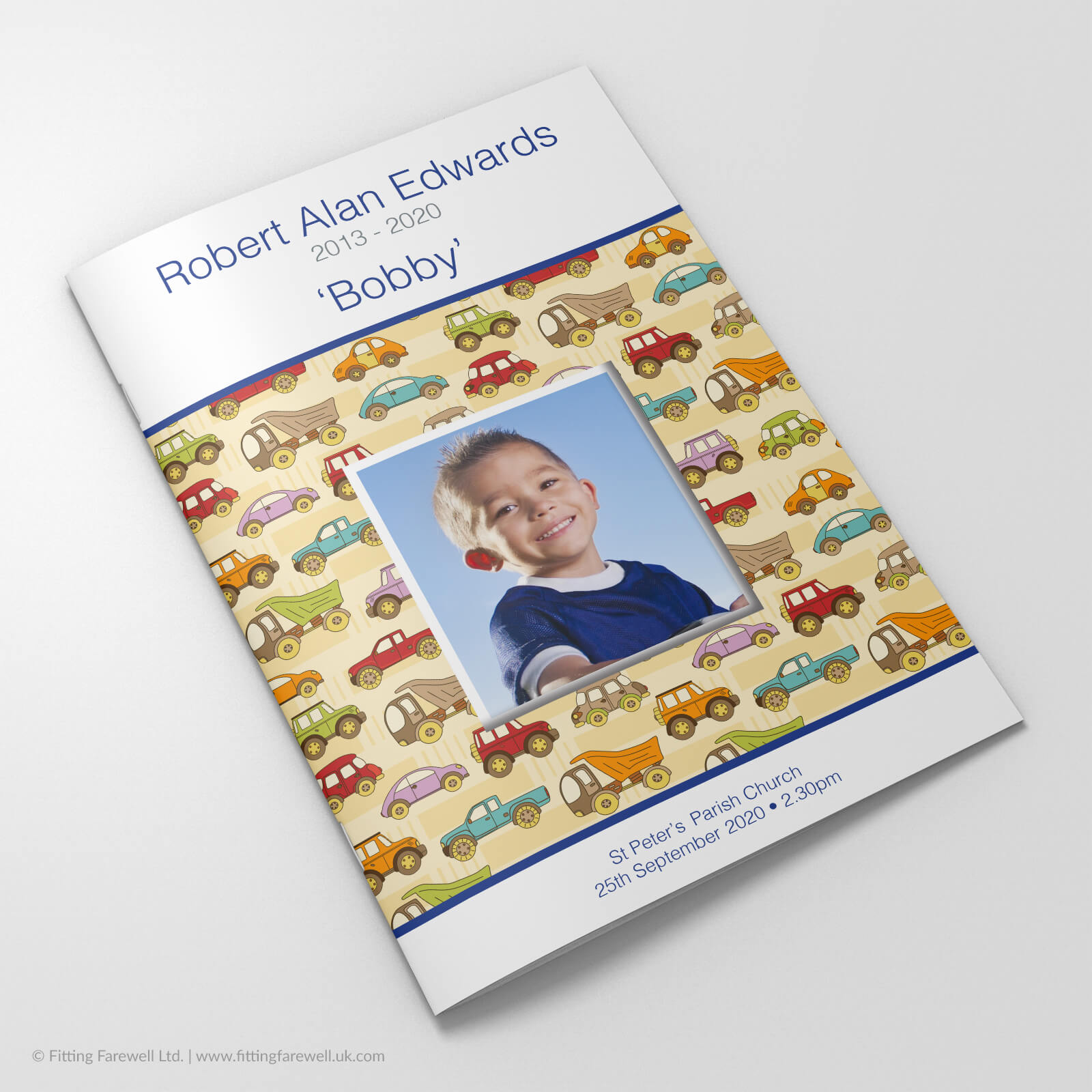 The Cars Funeral Order of Service design is exclusively available from Fitting Farewell.
