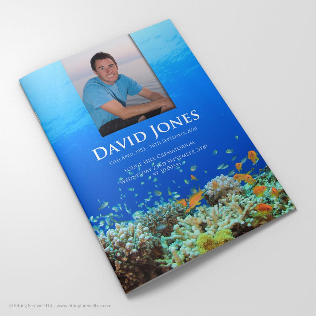 The Coral Reef Funeral Order of Service design is exclusively available from Fitting Farewell.