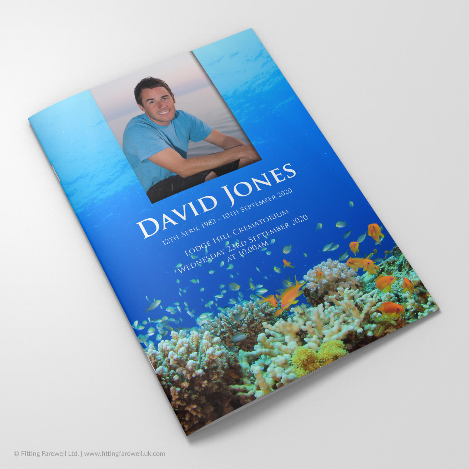 The Coral Reef Funeral Order of Service design is exclusively available from Fitting Farewell.