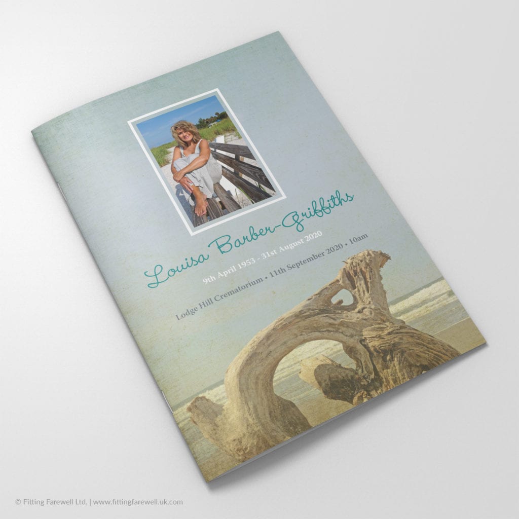 The Vintage Driftwood Funeral Order of Service design is exclusively available from Fitting Farewell.