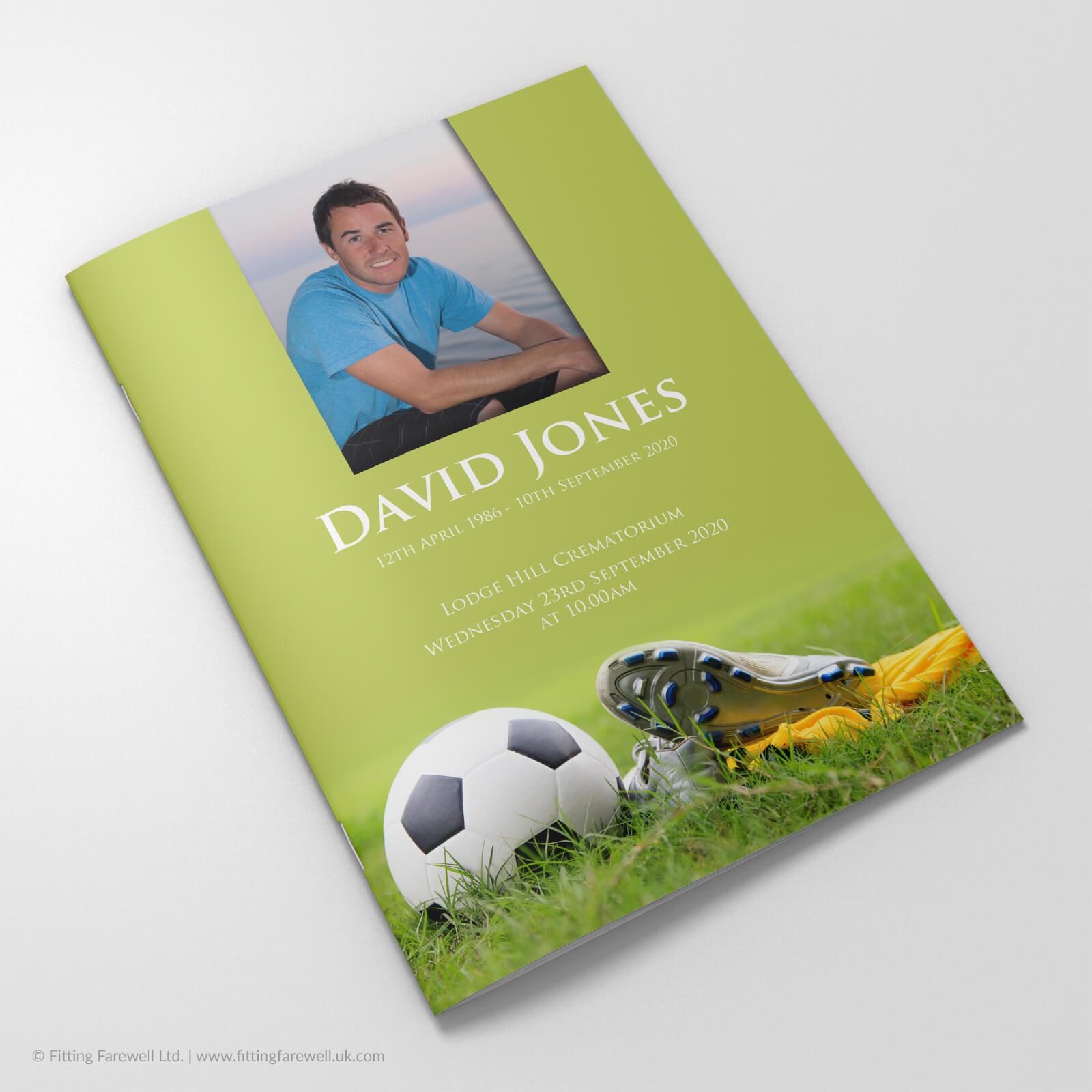 The Football Boots Funeral Order of Service design is exclusively available from Fitting Farewell.