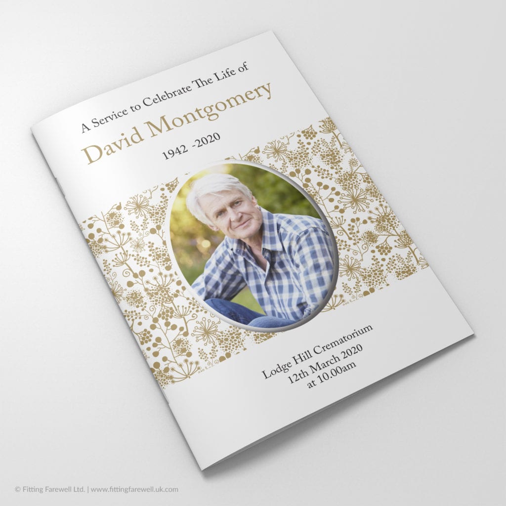The Gold Flowers Funeral Order of Service design is exclusively available from Fitting Farewell.