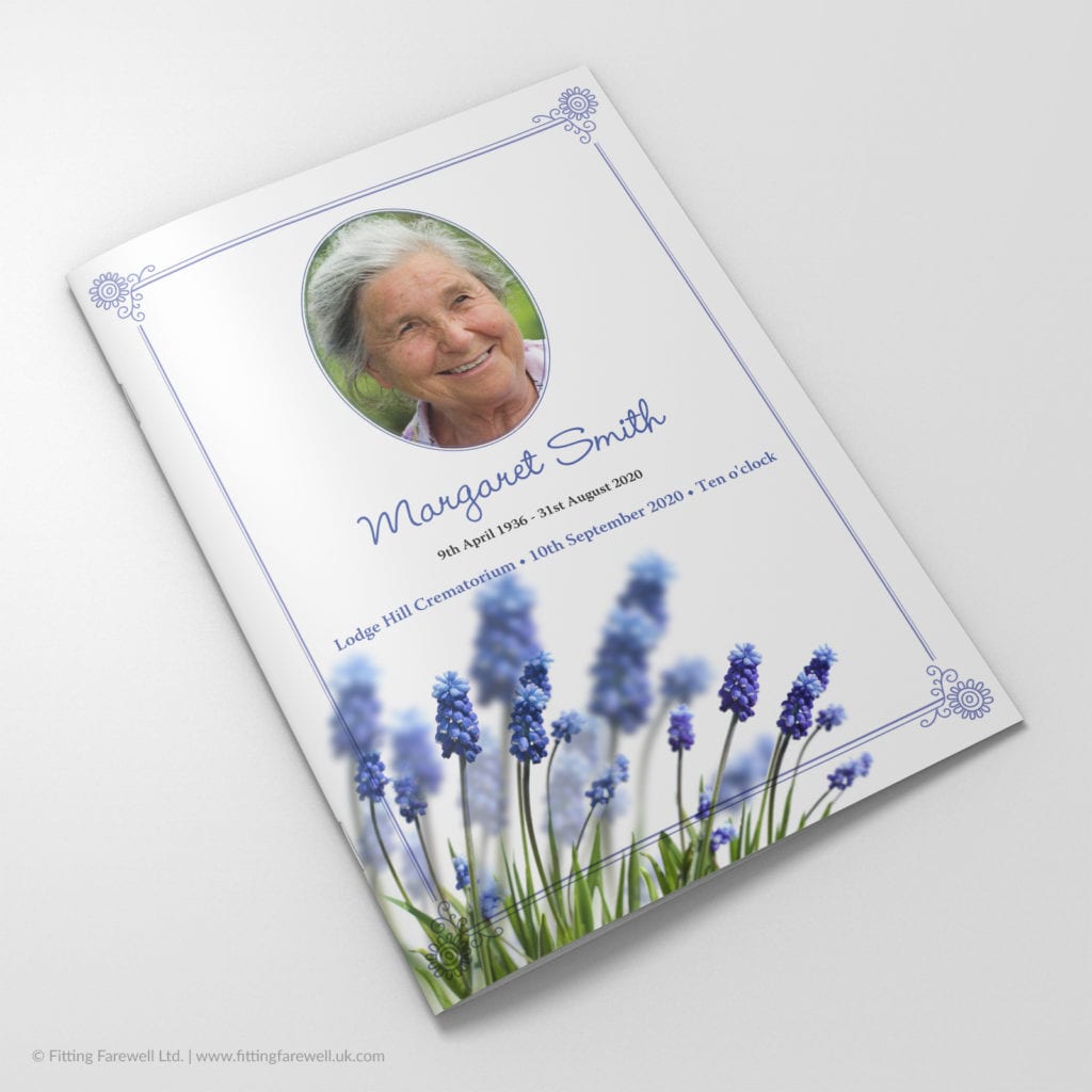 The Grape Hyacinth Funeral Order of Service design is exclusively available from Fitting Farewell.