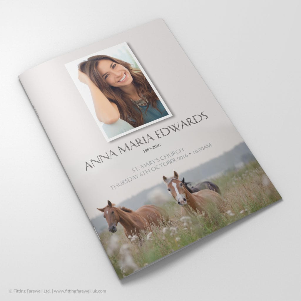 The Horses Funeral Order of Service design is exclusively available from Fitting Farewell.