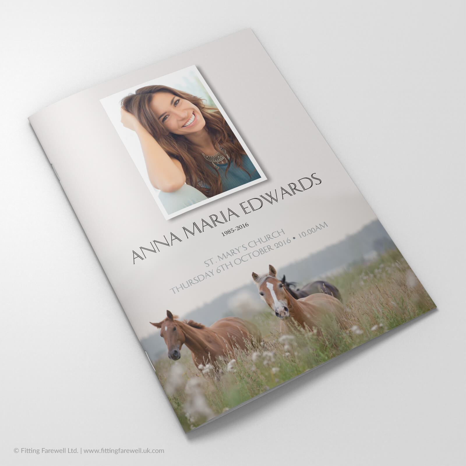 The Horses Funeral Order of Service design is exclusively available from Fitting Farewell.