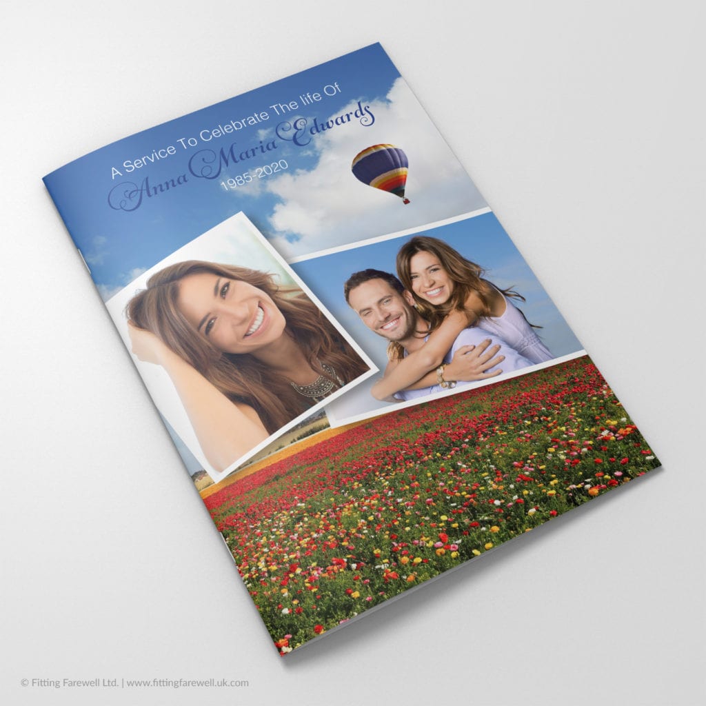 The Hot Air Balloon Funeral Order of Service design is exclusively available from Fitting Farewell.