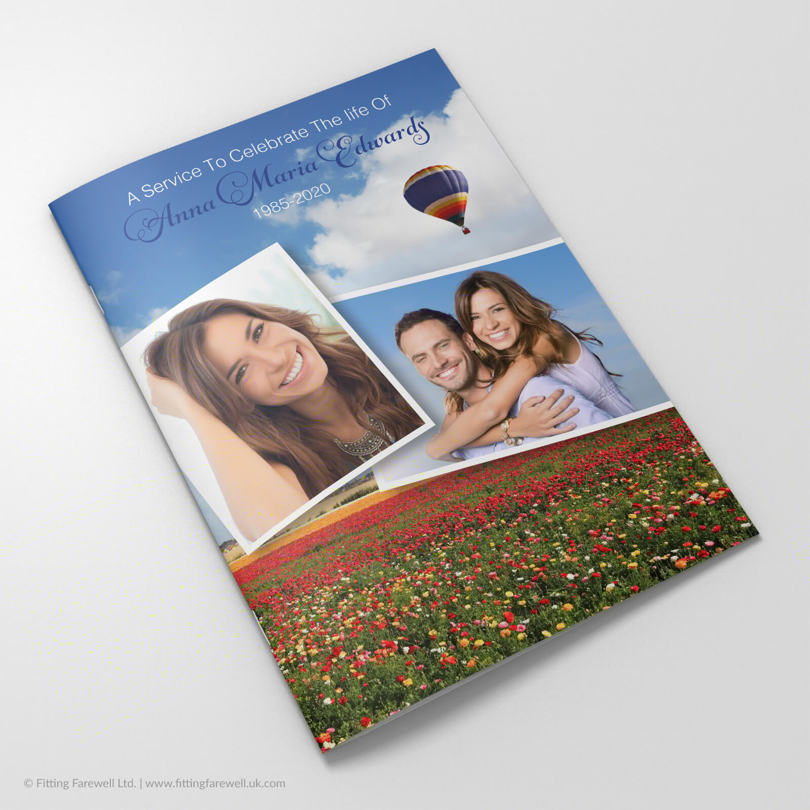The Hot Air Balloon Funeral Order of Service design is exclusively available from Fitting Farewell.