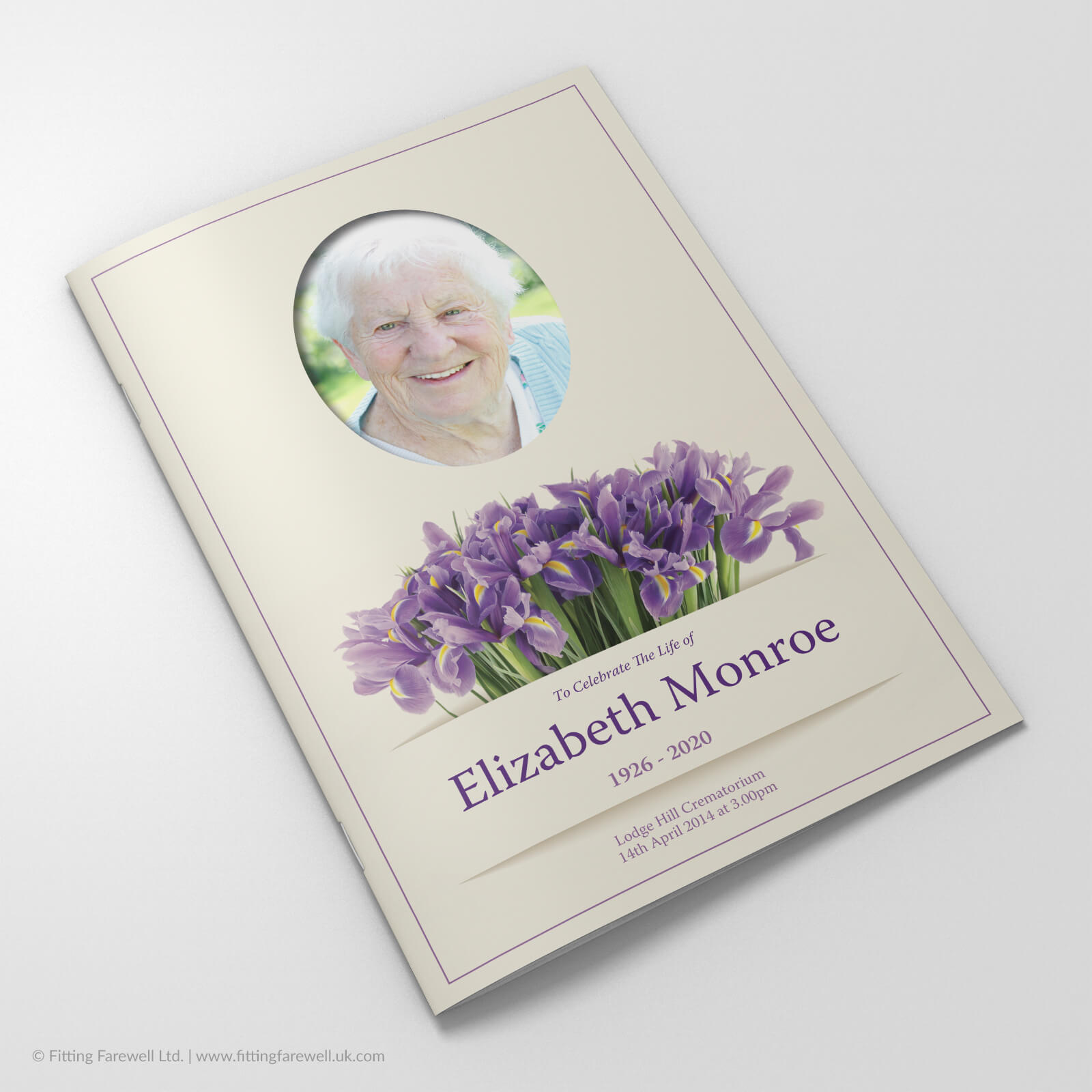 The Irises Cut Flowers Funeral Order of Service design is exclusively available from Fitting Farewell.