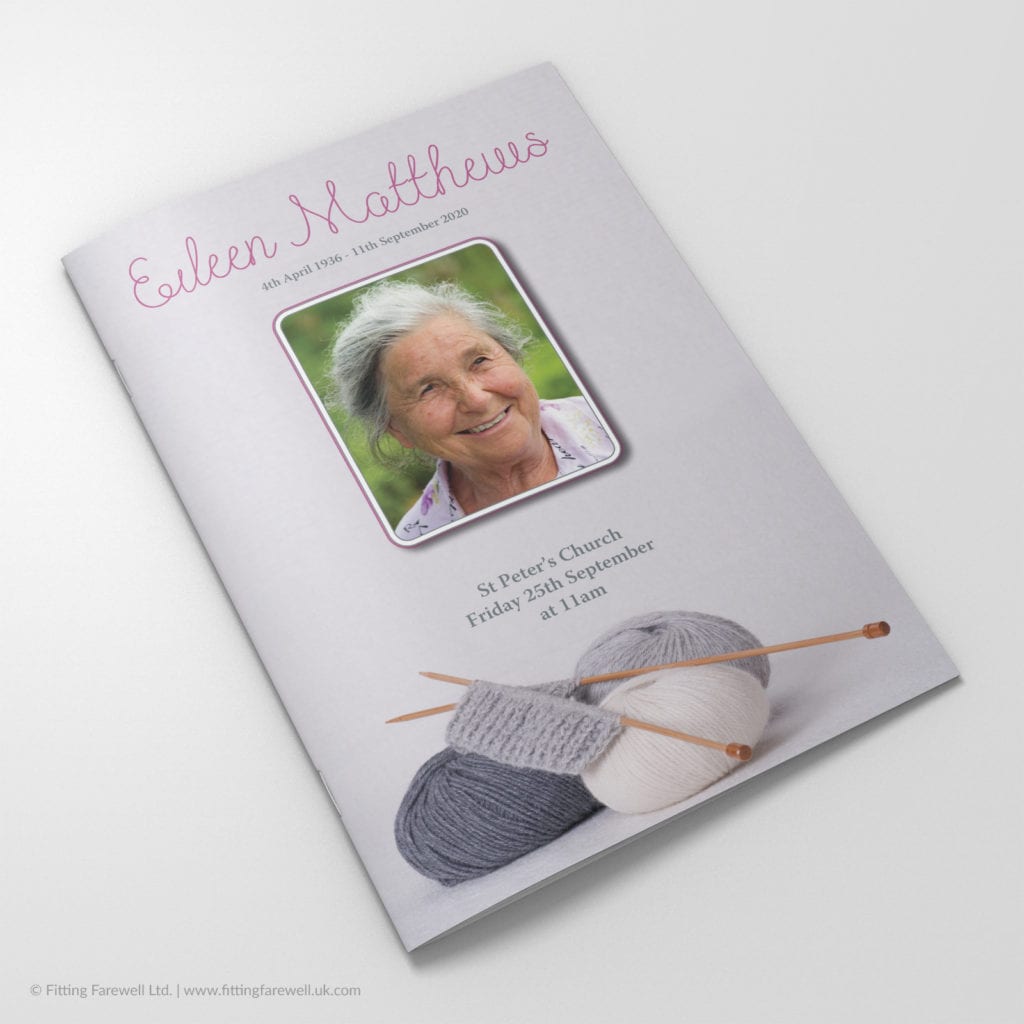 The Knitting Funeral Order of Service design is exclusively available from Fitting Farewell.