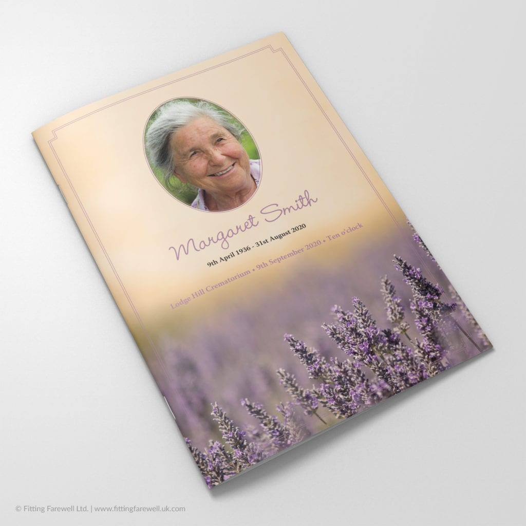 The Lavender Meadow Funeral Order of Service design is exclusively available from Fitting Farewell.
