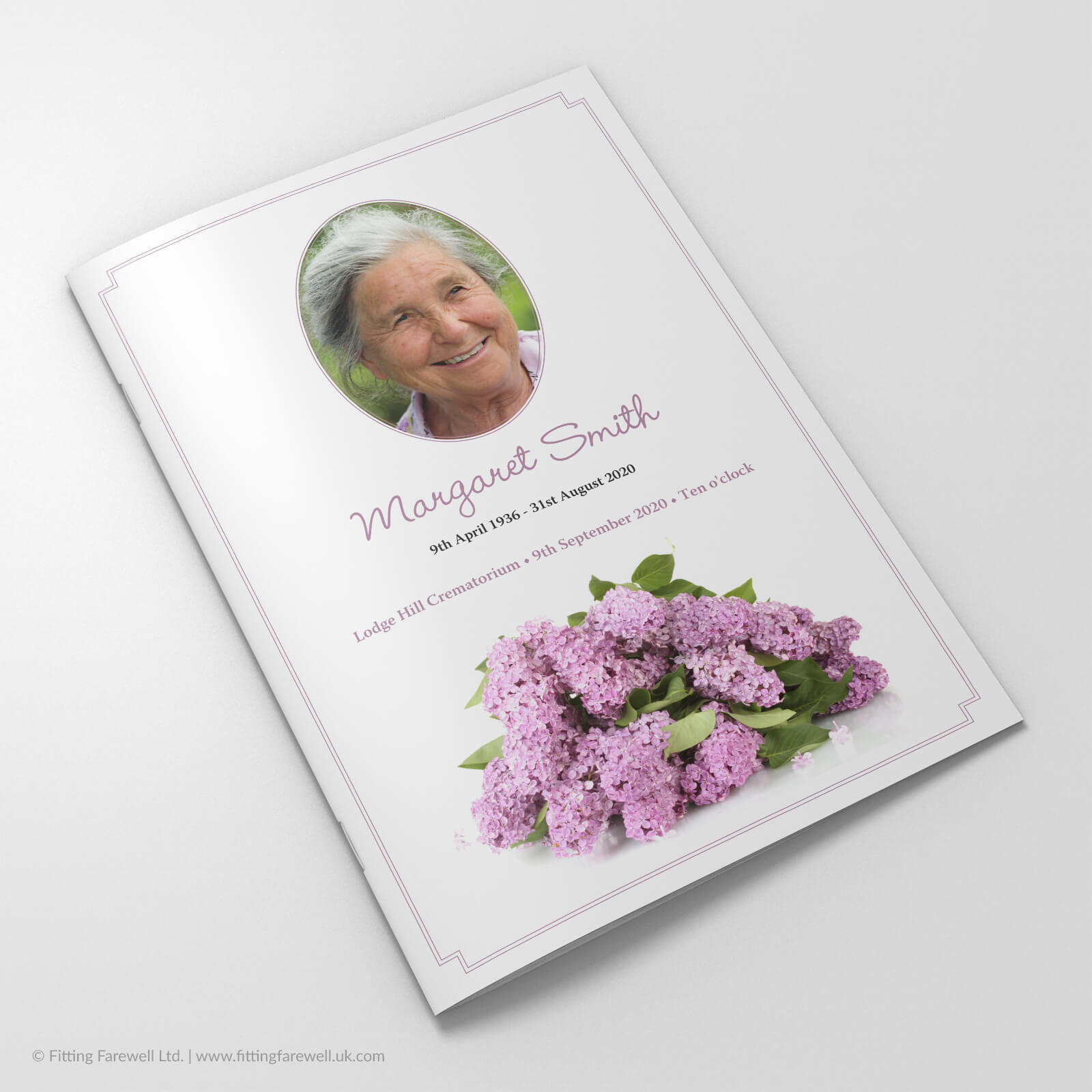 The Lilac Funeral Order of Service design is exclusively available from Fitting Farewell.