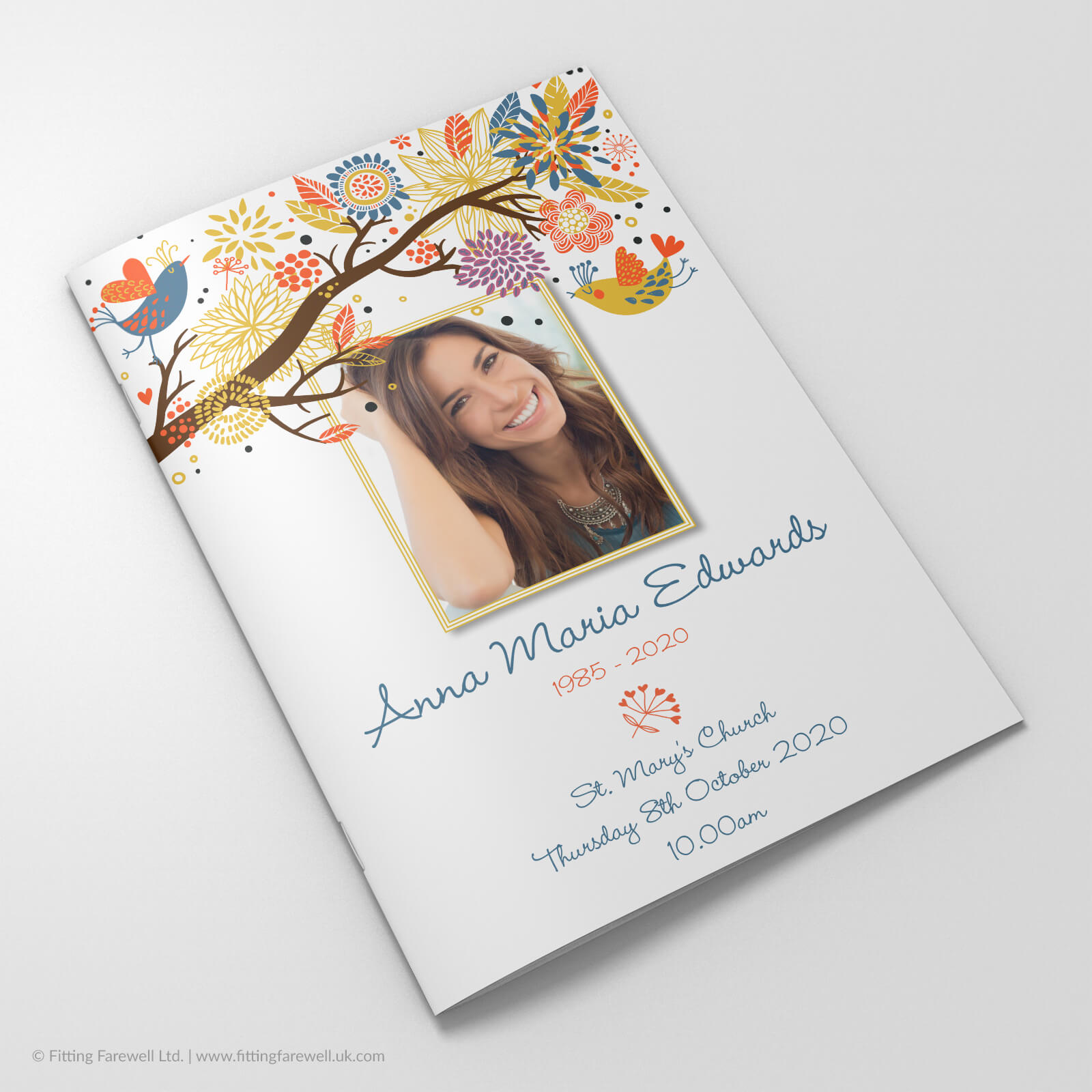 The Love Birds Funeral Order of Service design is exclusively available from Fitting Farewell.