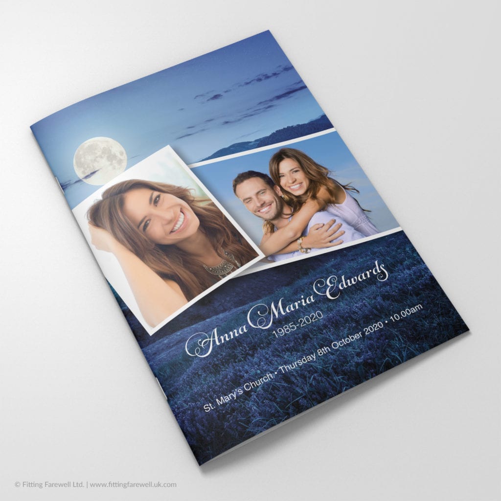 The Moonlit Meadow Funeral Order of Service design is exclusively available from Fitting Farewell.