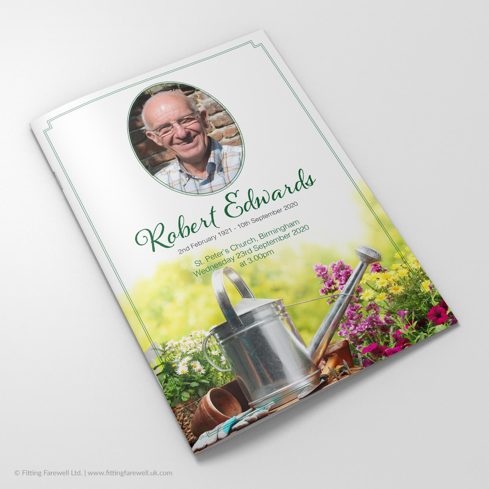 The Gardening Funeral Order of Service design is exclusively available from Fitting Farewell.