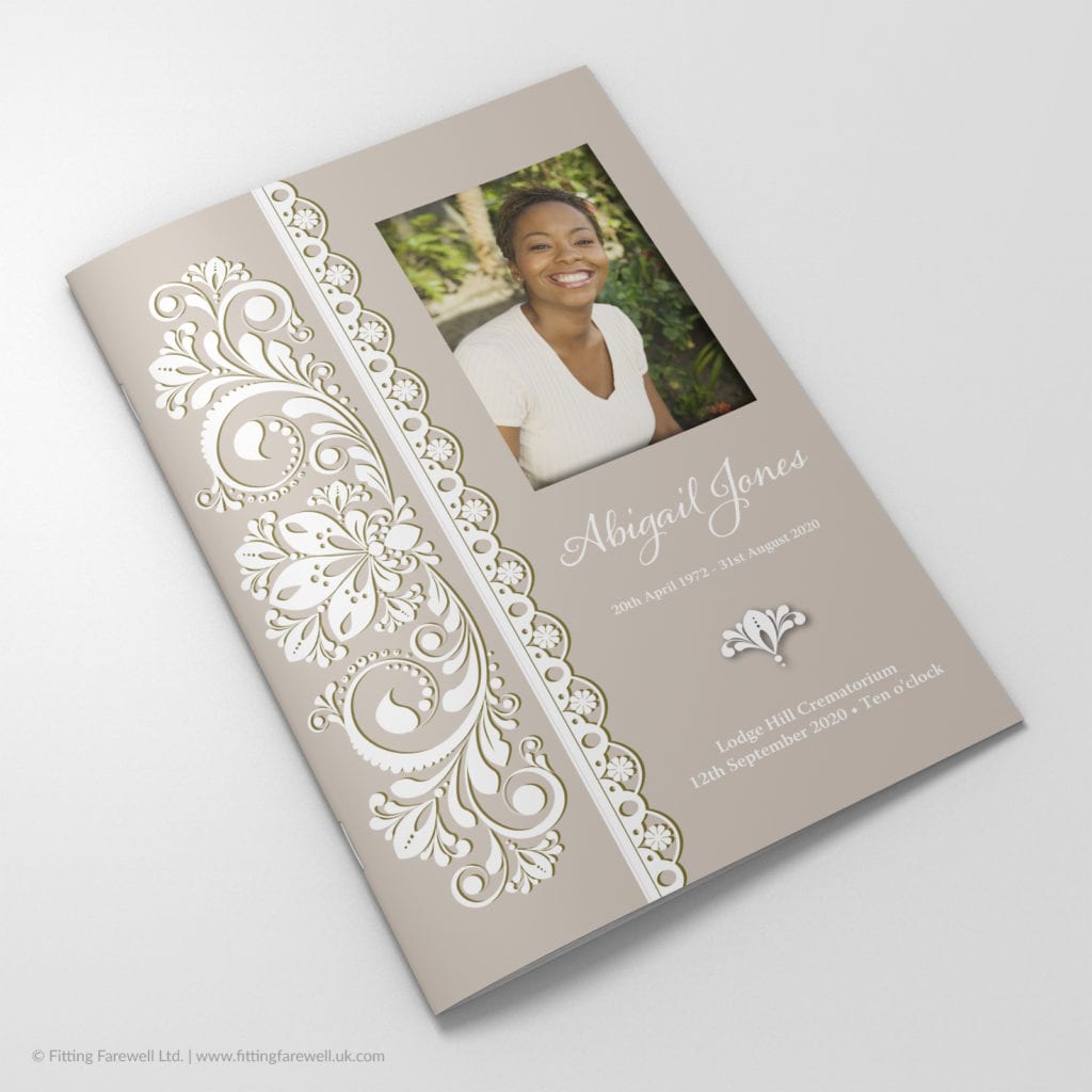 The Paper Lace Funeral Order of Service design is exclusively available from Fitting Farewell.