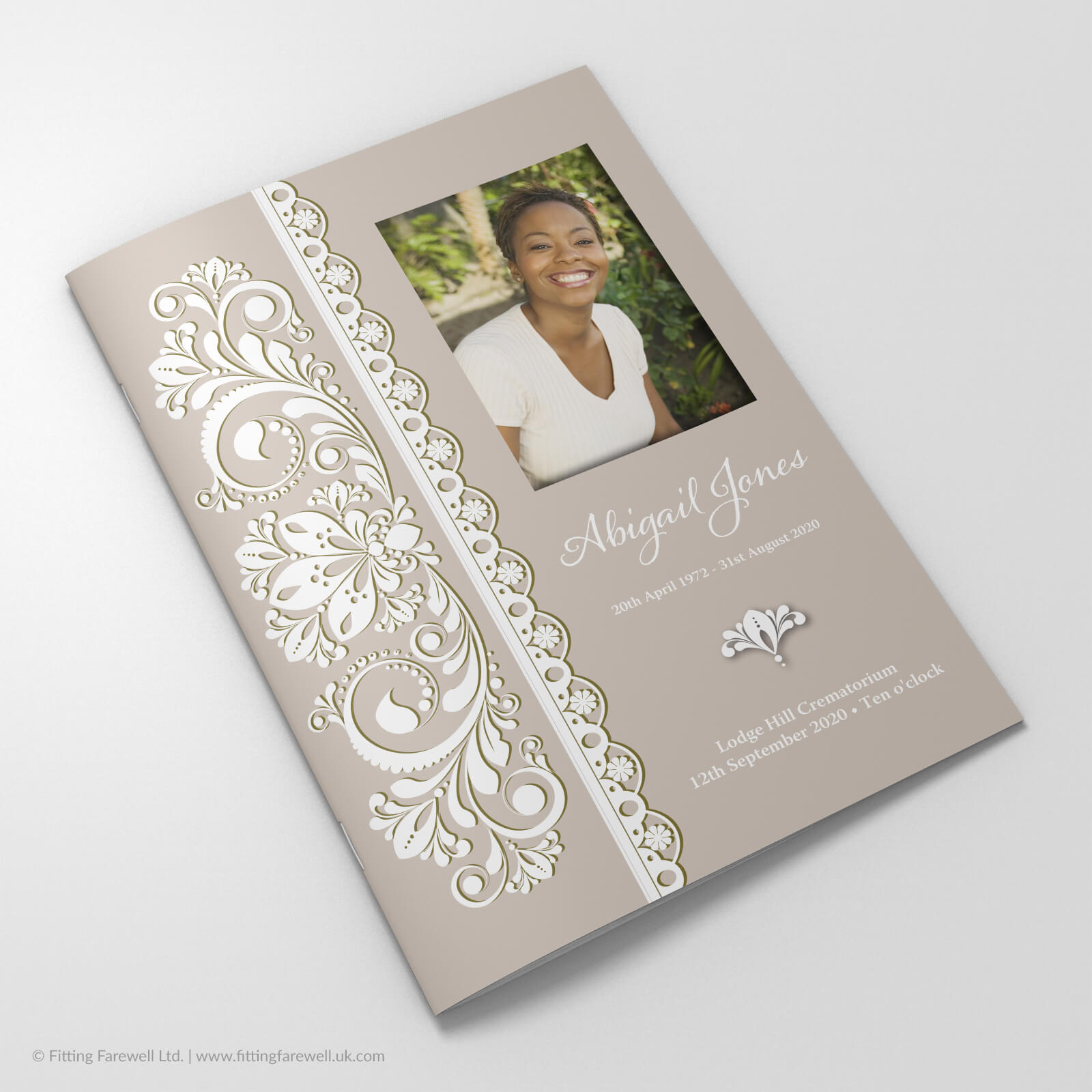 The Paper Lace Funeral Order of Service design is exclusively available from Fitting Farewell.