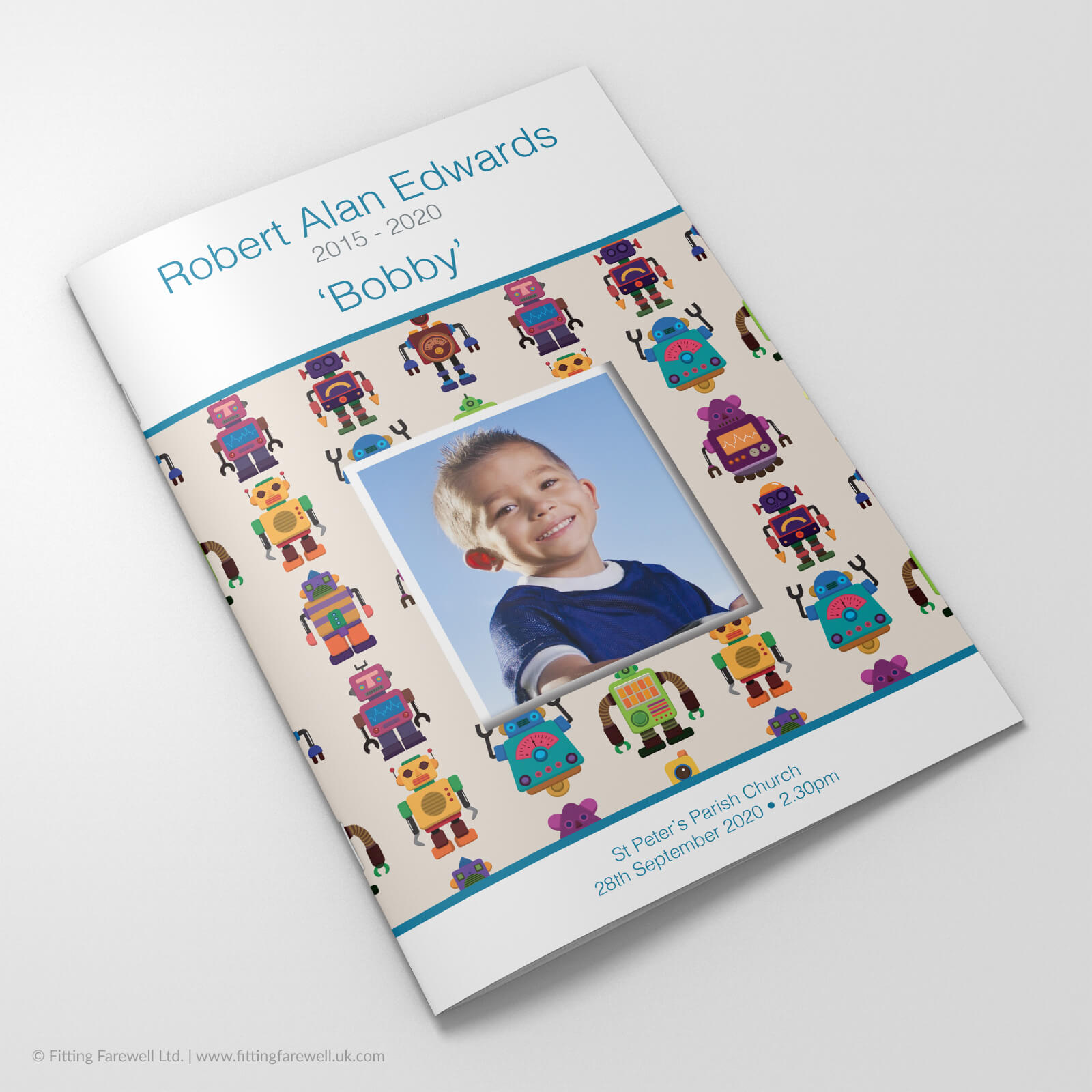 The Robots Funeral Order of Service design is exclusively available from Fitting Farewell.