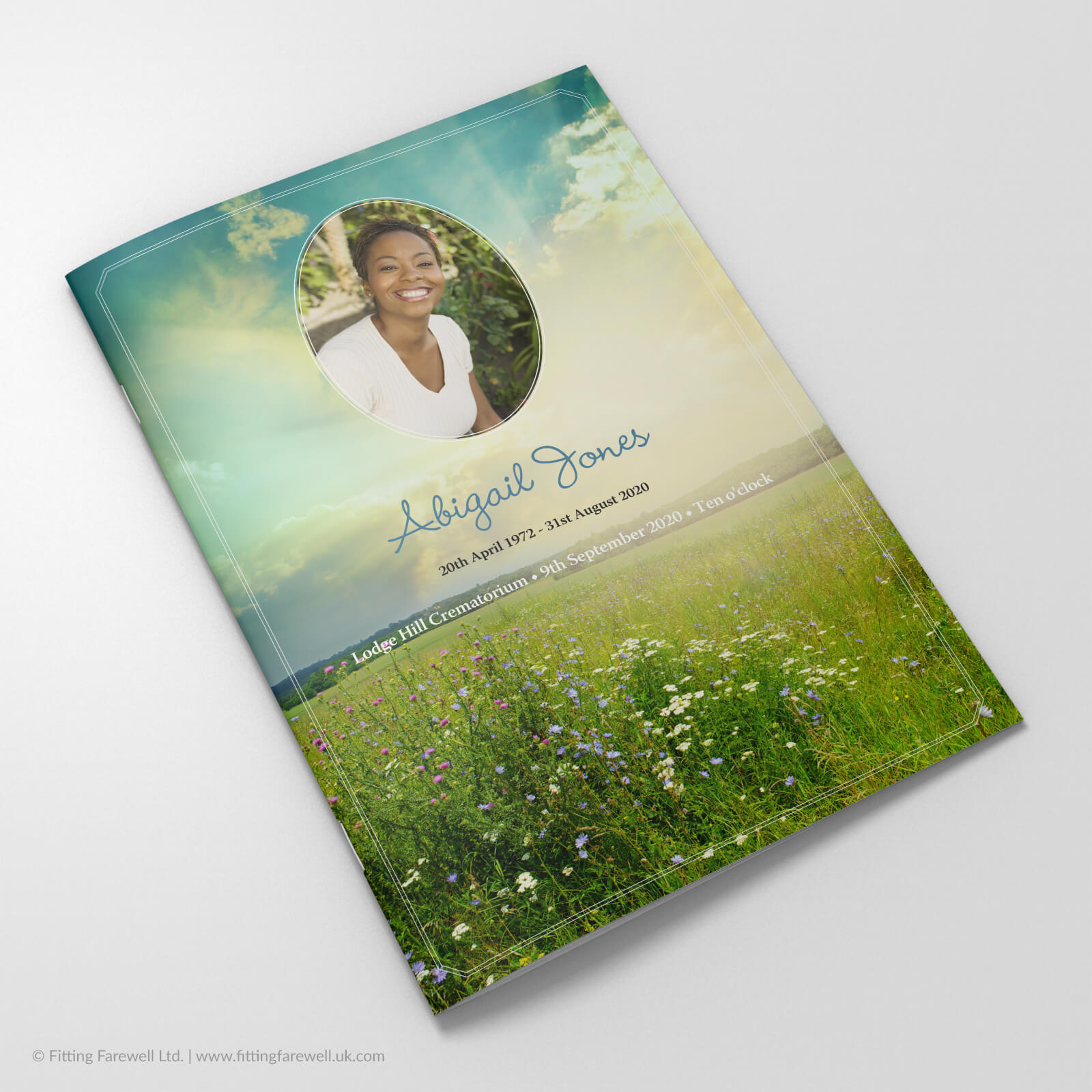 The Summer Meadow Funeral Order of Service design is exclusively available from Fitting Farewell.