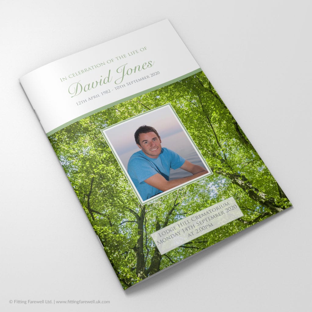 The Summer Trees Funeral Order of Service design is exclusively available from Fitting Farewell.