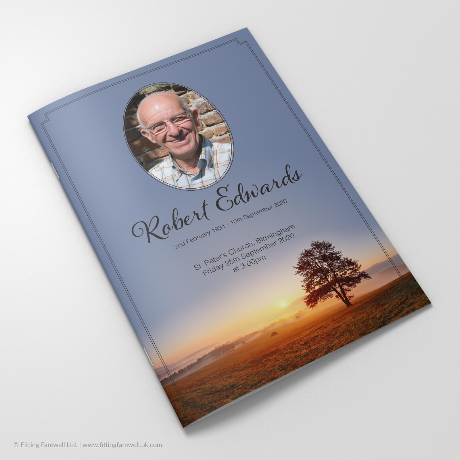 The Sunrise Meadow Funeral Order of Service design is exclusively available from Fitting Farewell.
