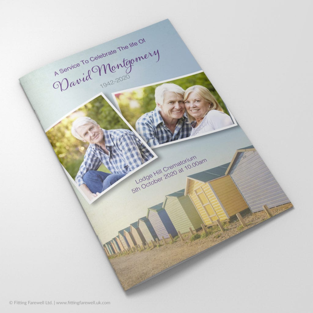 The Vintage Beach Huts Funeral Order of Service design is exclusively available from Fitting Farewell.