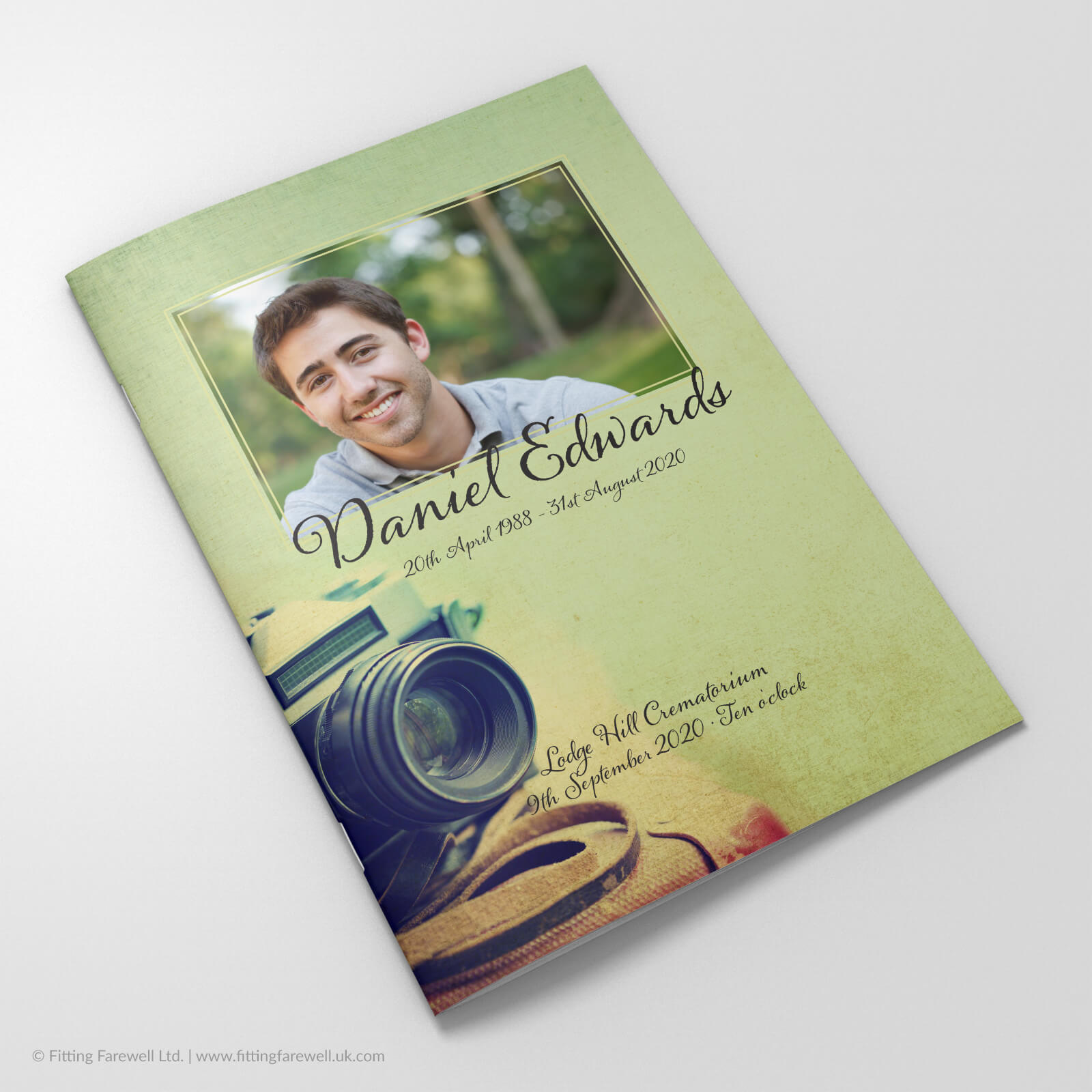 The Vintage Camera Funeral Order of Service design is exclusively available from Fitting Farewell.