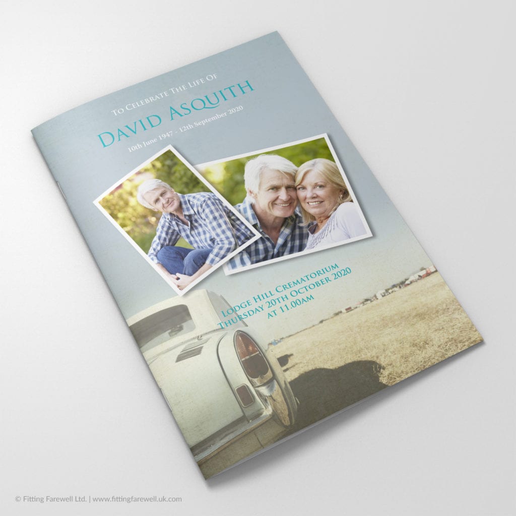 The Vintage Car Funeral Order of Service design is exclusively available from Fitting Farewell.