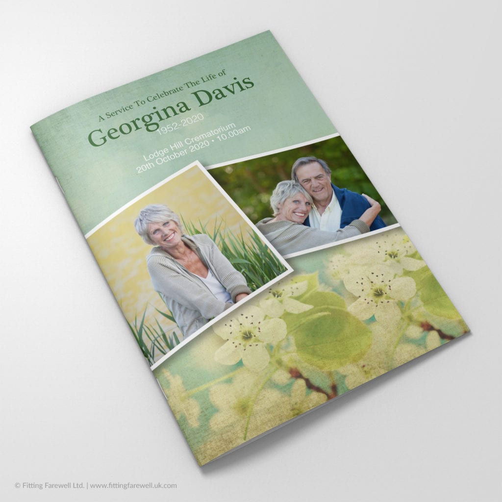 The Vintage Crabapple Blossom Funeral Order of Service design is exclusively available from Fitting Farewell.