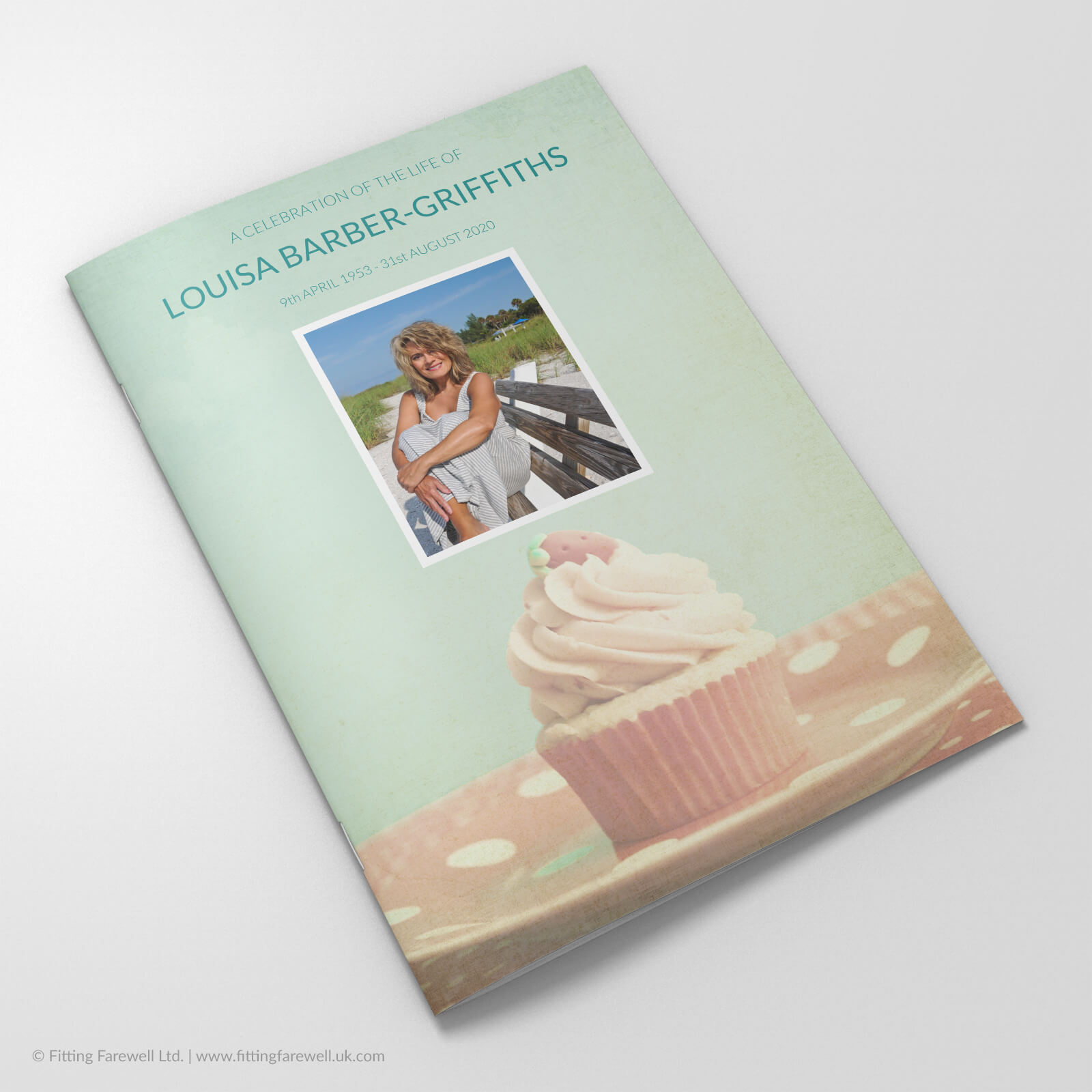 The Vintage Cupcake Funeral Order of Service design is exclusively available from Fitting Farewell.