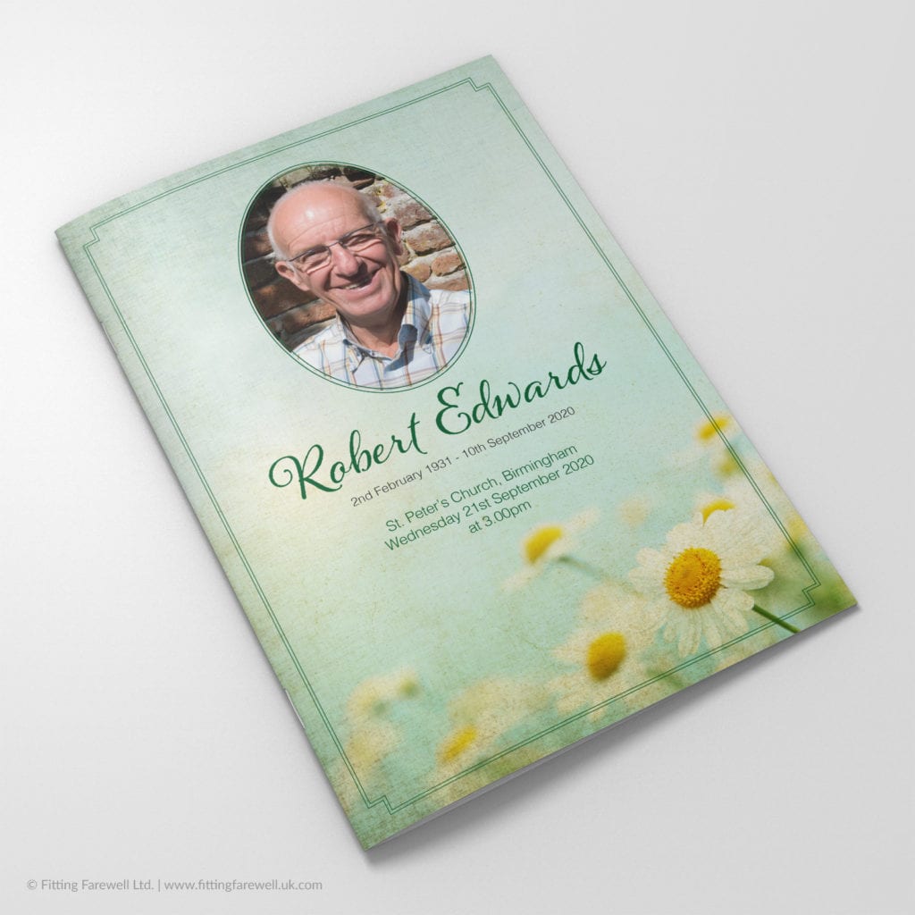 The Vintage Daisies Funeral Order of Service design is exclusively available from Fitting Farewell.