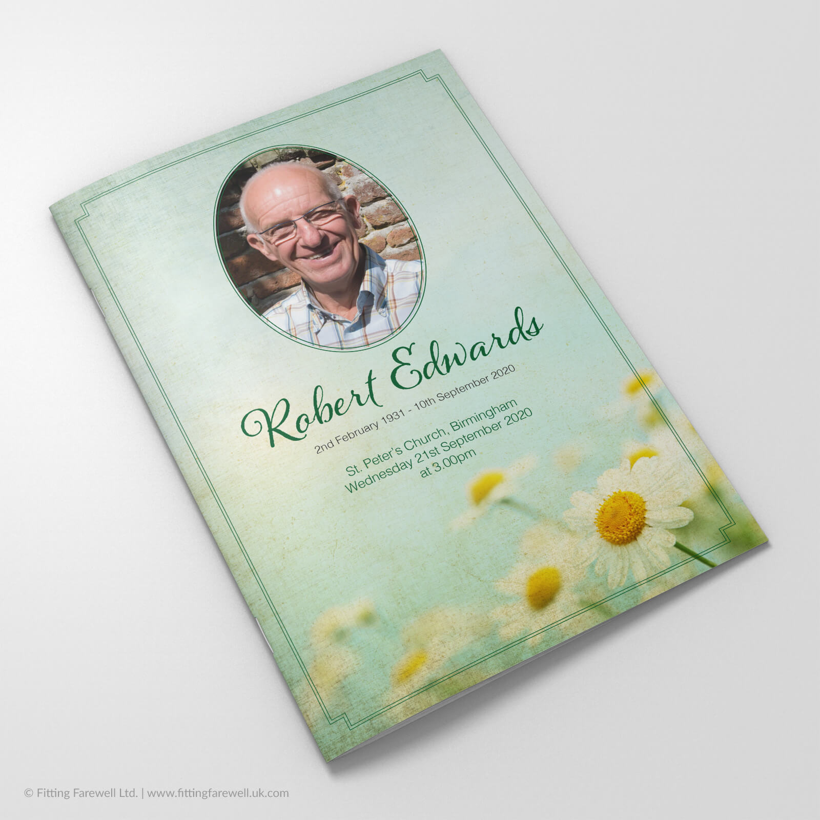 The Vintage Daisies Funeral Order of Service design is exclusively available from Fitting Farewell.