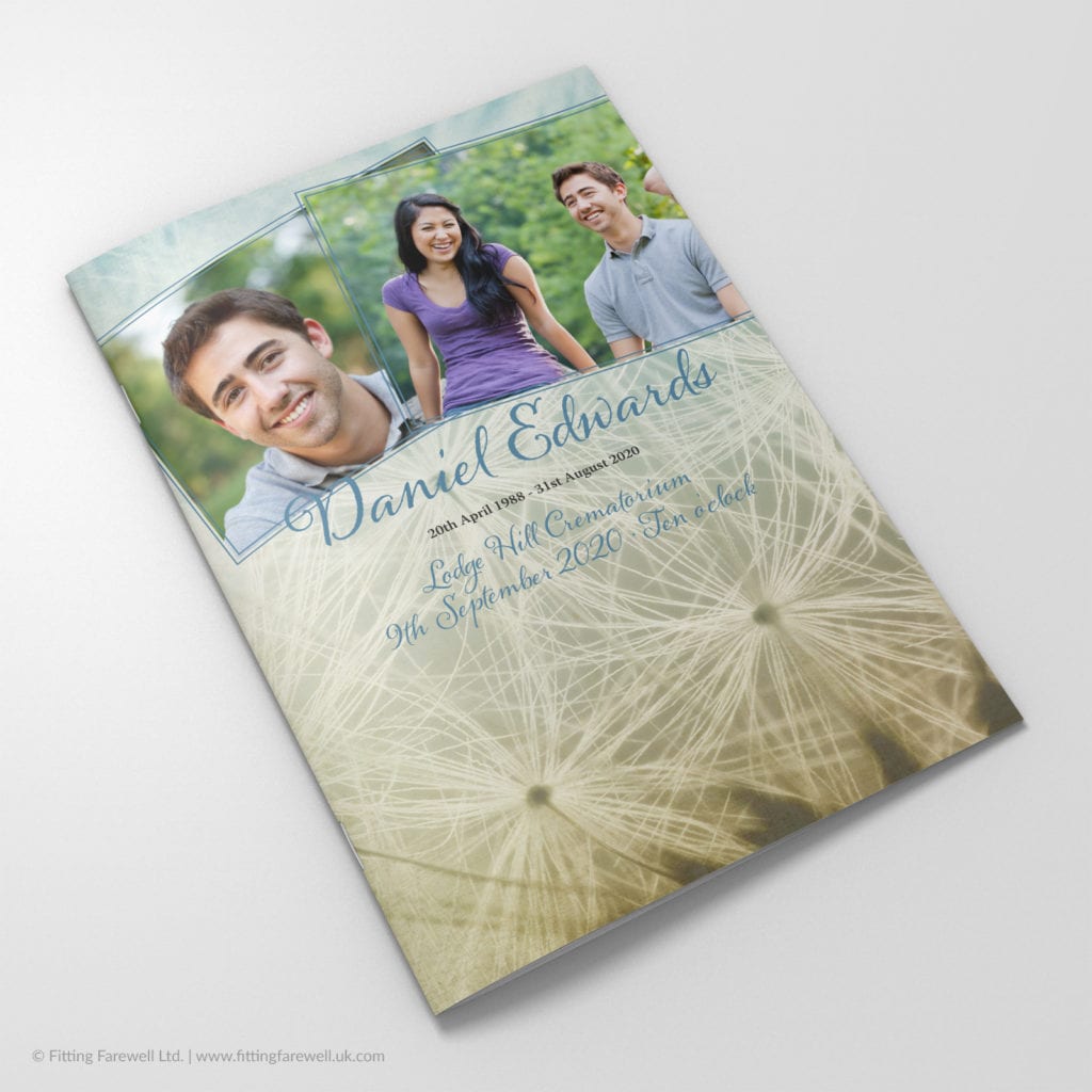 The Vintage Dandelion Funeral Order of Service design is exclusively available from Fitting Farewell.