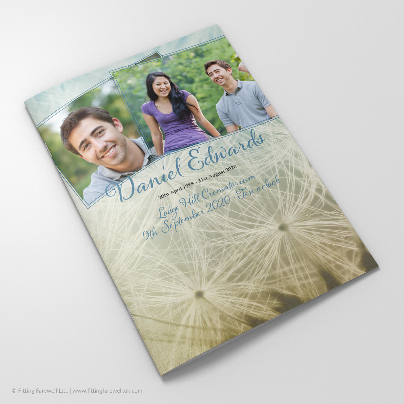 The Vintage Dandelion Funeral Order of Service design is exclusively available from Fitting Farewell.