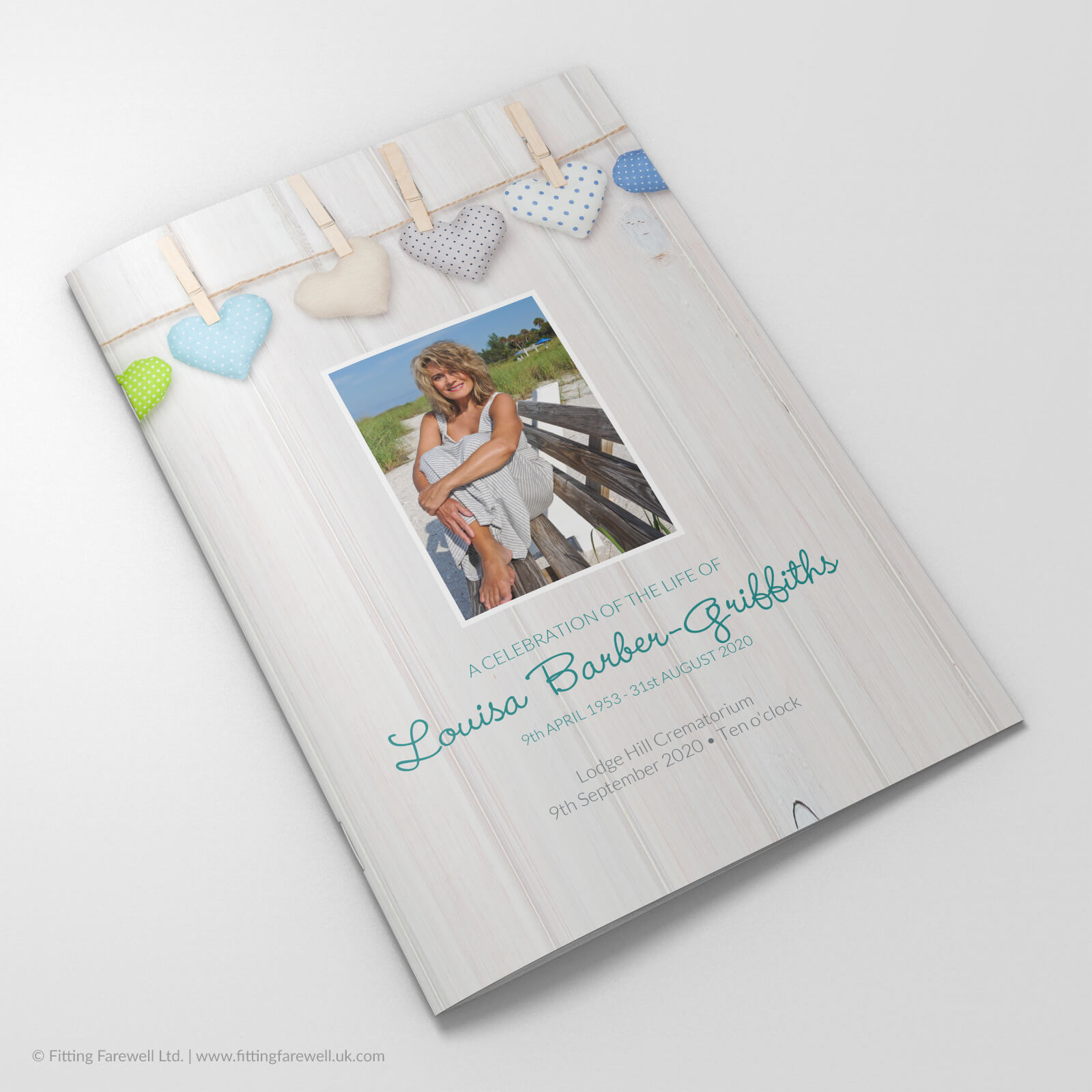 The Vintage Hearts Funeral Order of Service design is exclusively available from Fitting Farewell.