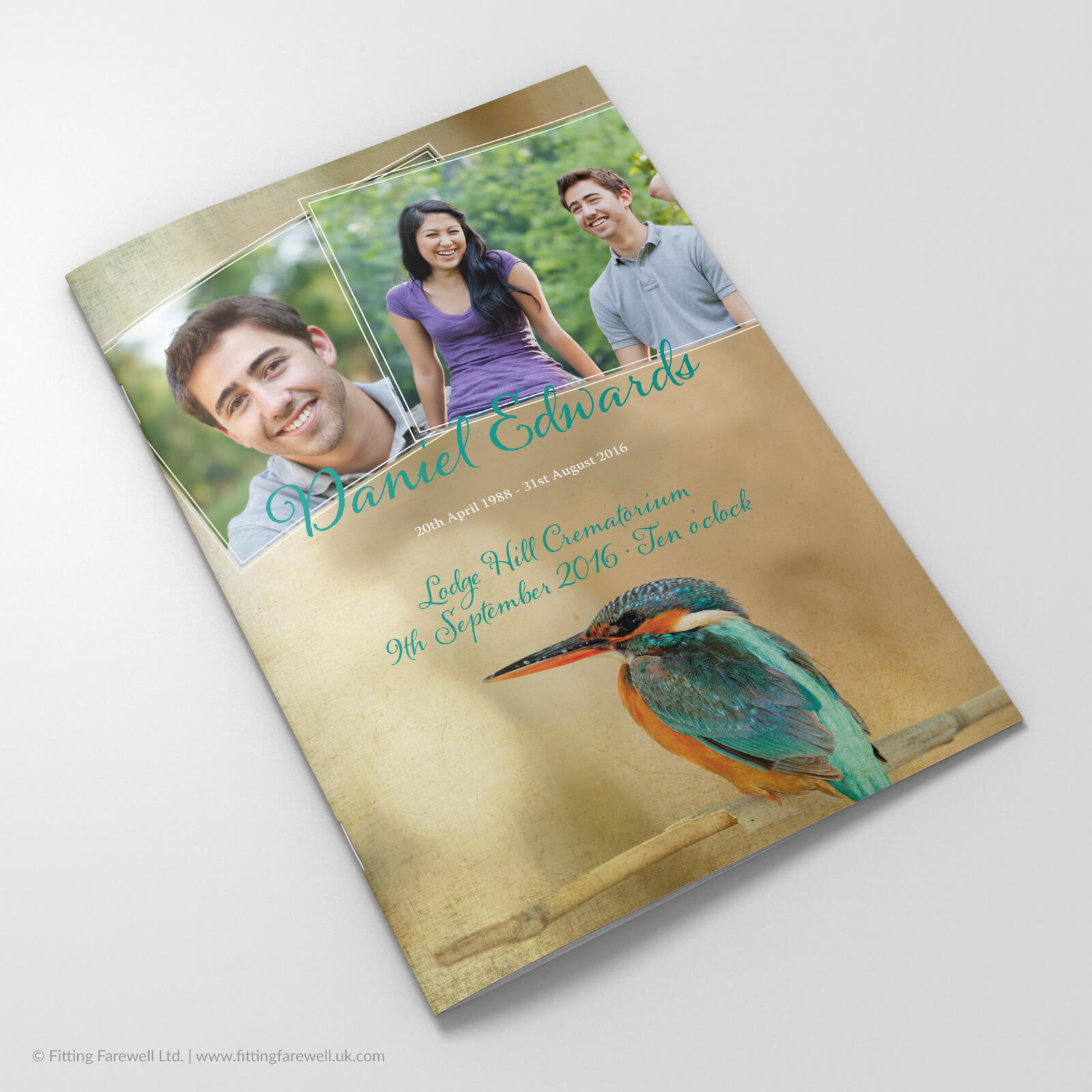 The Vintage Kingfisher Funeral Order of Service design is exclusively available from Fitting Farewell.