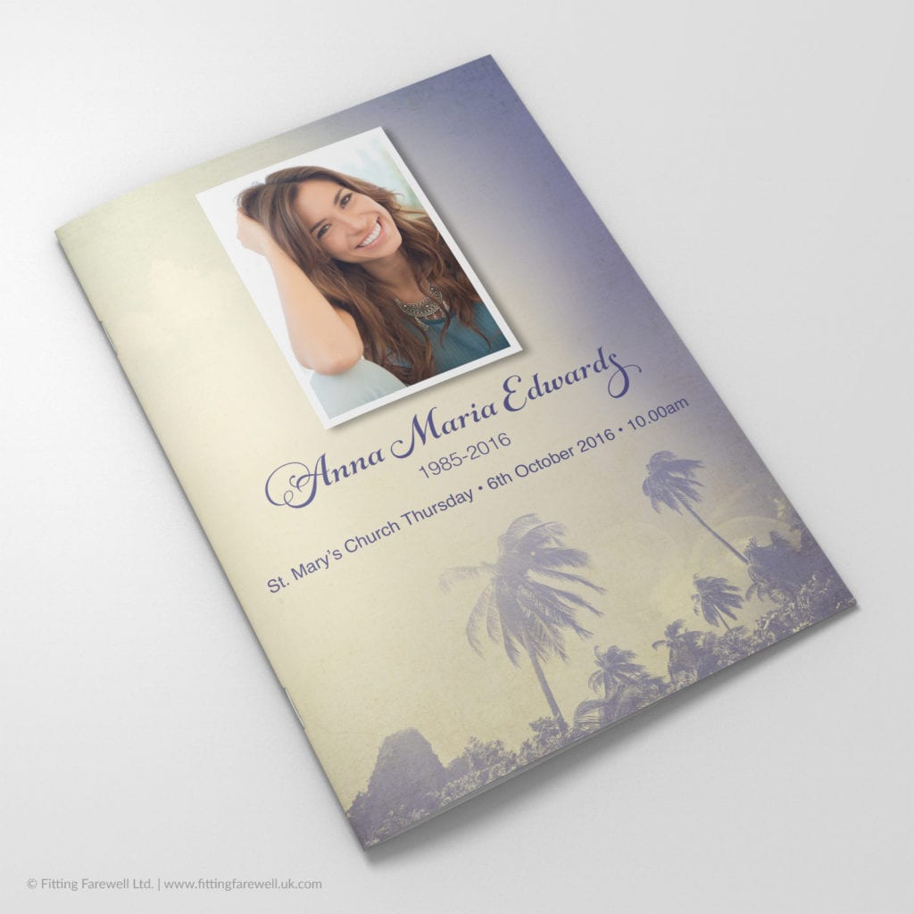 The Vintage Palm Trees Funeral Order of Service design is exclusively available from Fitting Farewell.