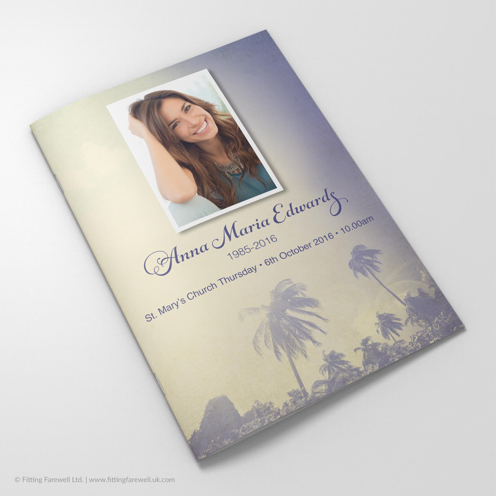 The Vintage Palm Trees Funeral Order of Service design is exclusively available from Fitting Farewell.