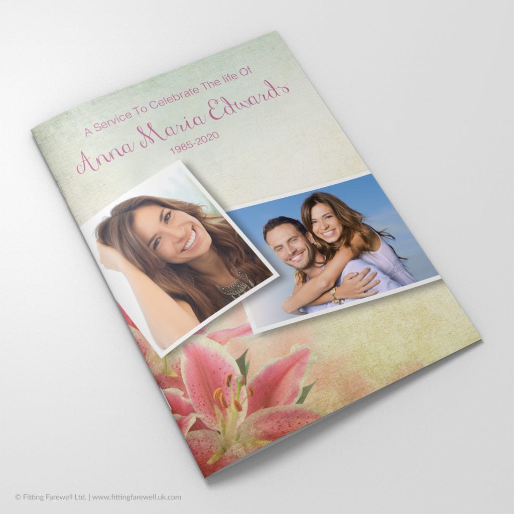 The Vintage Tigerlily Funeral Order of Service design is exclusively available from Fitting Farewell.