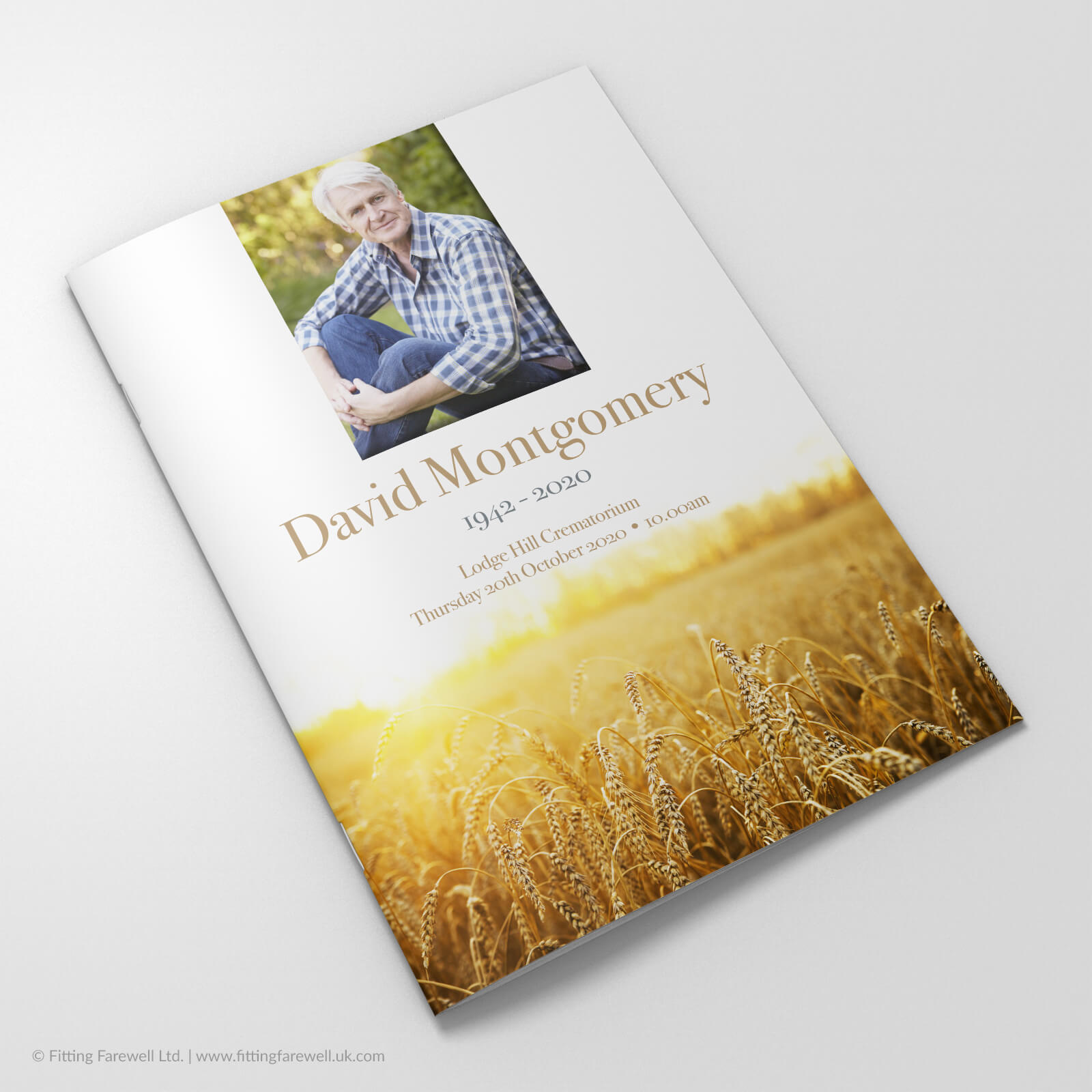The Wheat Meadow Funeral Order of Service design is exclusively available from Fitting Farewell.