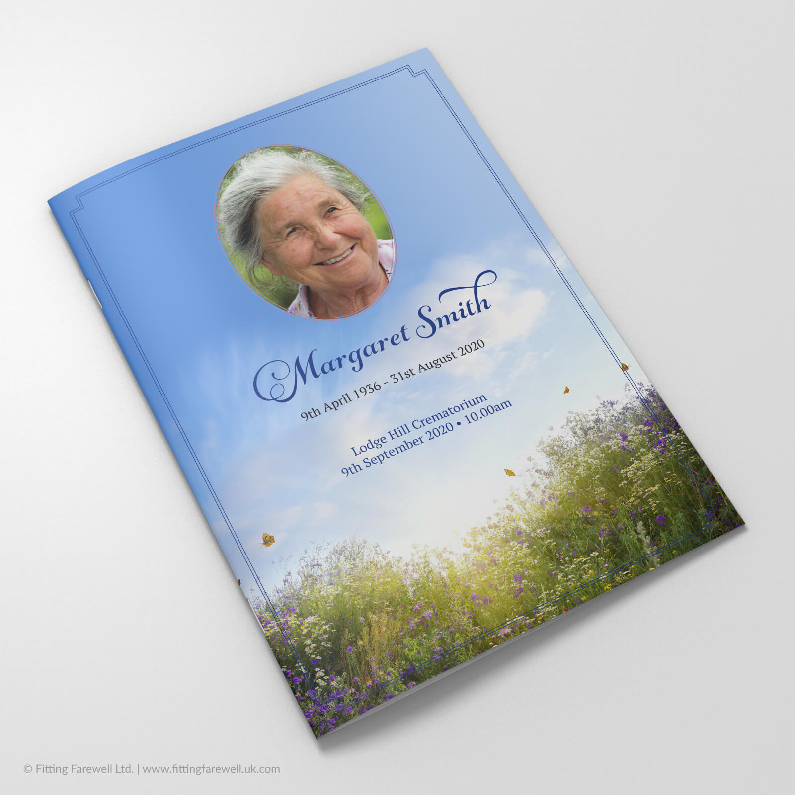 The Wildflower Meadow Funeral Order of Service design is exclusively available from Fitting Farewell.