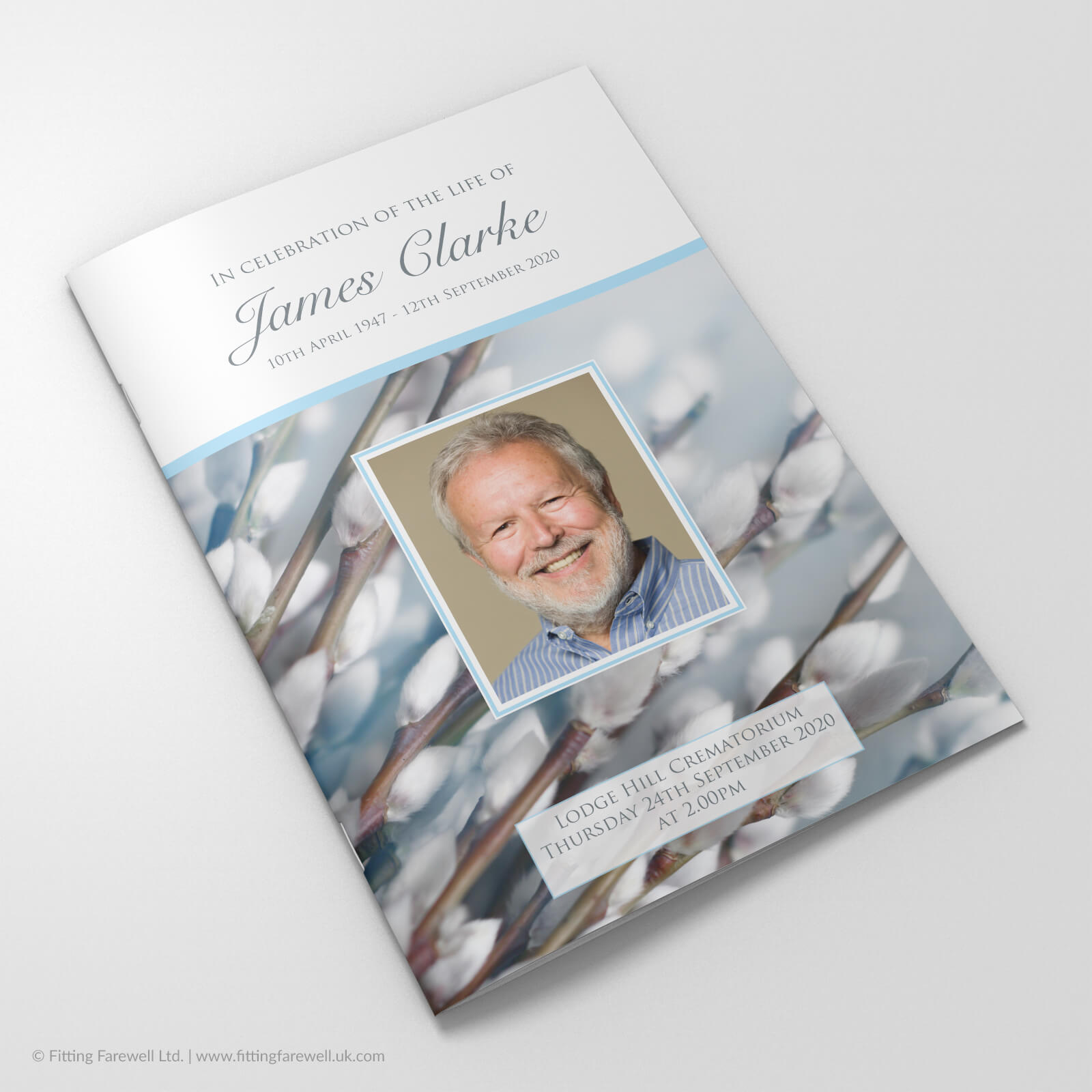 The Winter Willow Funeral Order of Service design is exclusively available from Fitting Farewell.