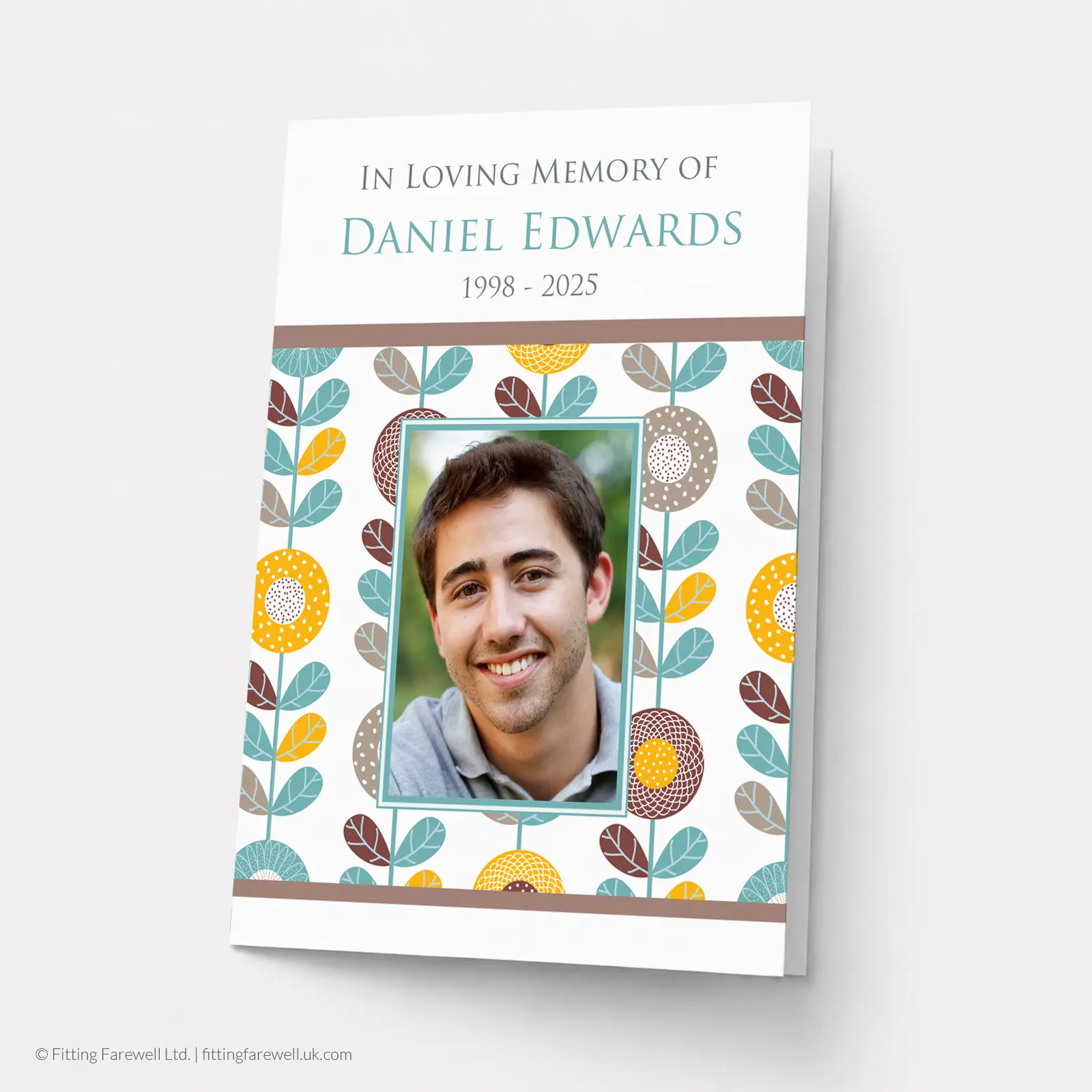 Modern Sunflowers memorial card design with a folk-art sunflower pattern and a photo of the person being remembered