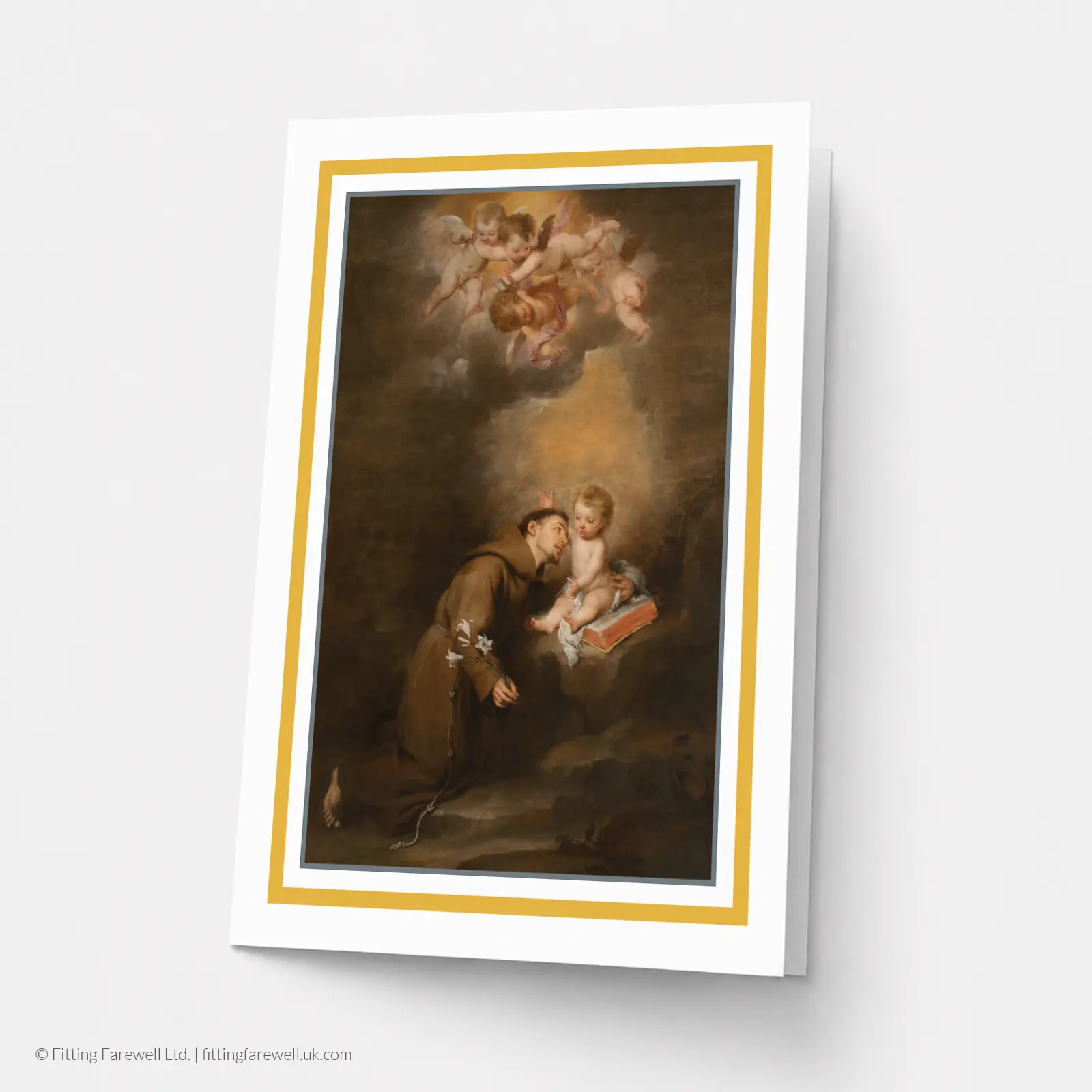 St Anthony memorial card design featuring a classical religious painting of Saint Anthony of Padua with the Christ child