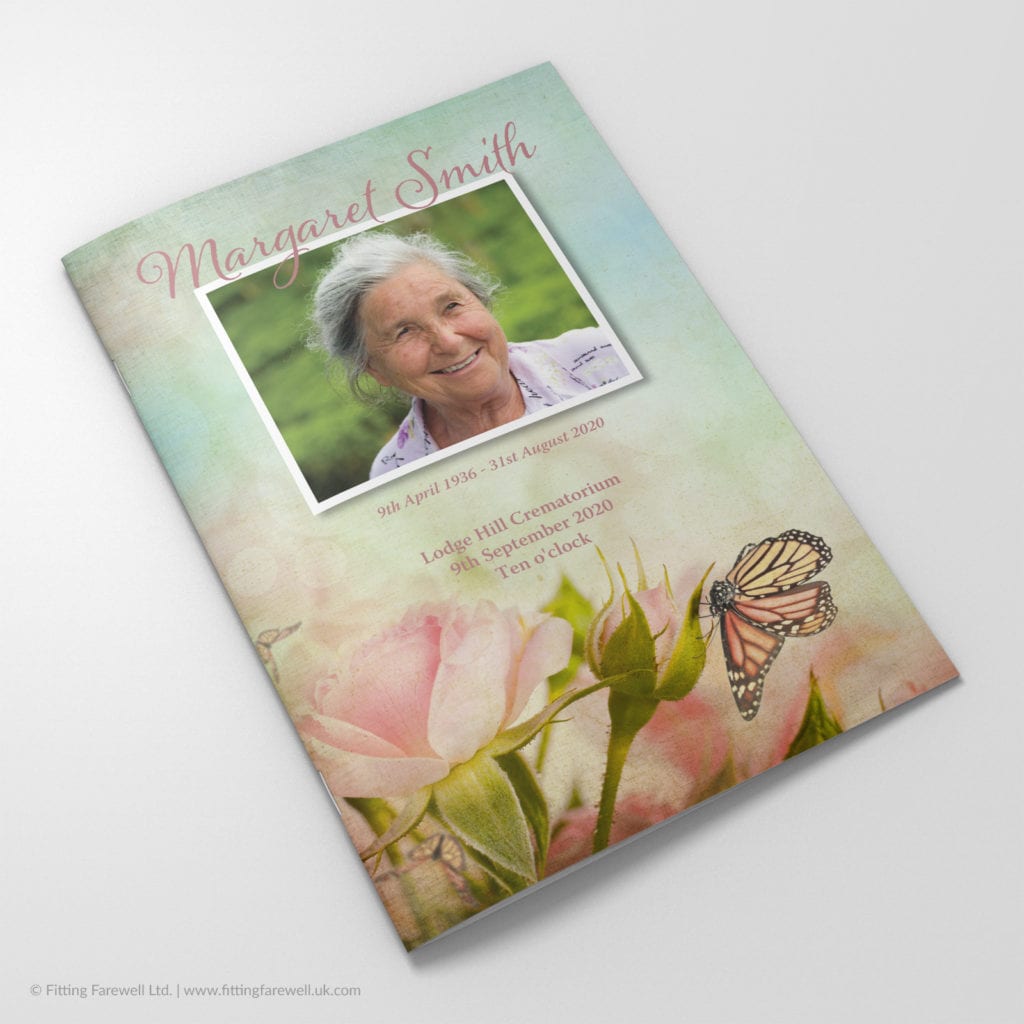 The Vintage Butterfly & Roses Funeral Order of Service design is exclusively available from Fitting Farewell.